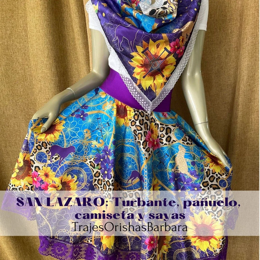 SAN LAZARO/Set San Lázaro/Gorro, pañuelo, camiseta y sayas en Edo "Full print"/Estampado por sublimación/TrajesOrishasBarbara/Miami.