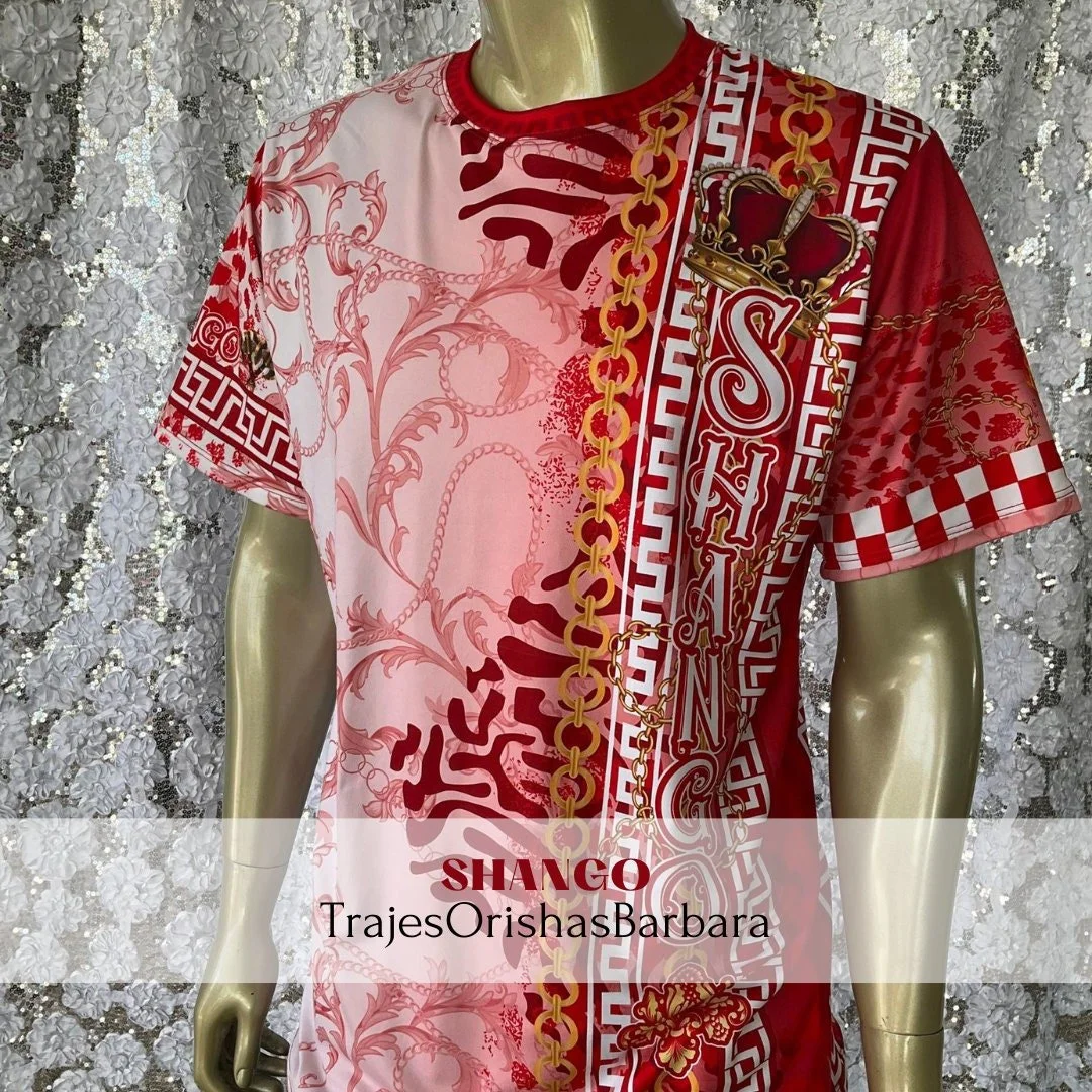 SHANGO Collage/Camiseta de hombre/Manga corta/Edo full print por sublimación/Composición 96 Poliéster, 4 Spandex/Tacto seda/Made in Miami