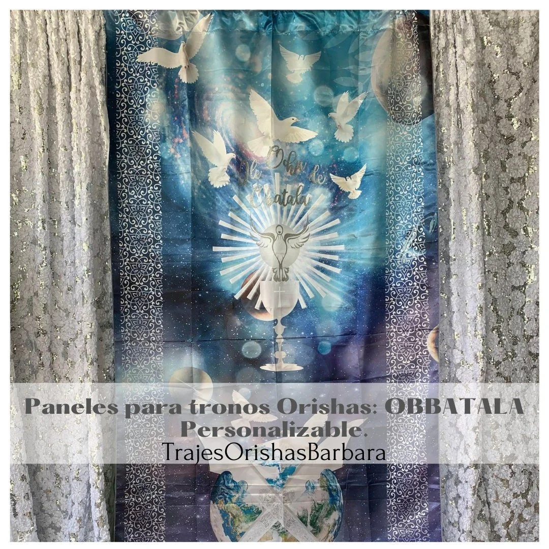 OBATALA/Panel personalizable/OBBATALA PALOMAS/Panel para trono/Paneles de pared. Paneles Orishas. Tamaño de 110 pulgadas por 57 pulgadas