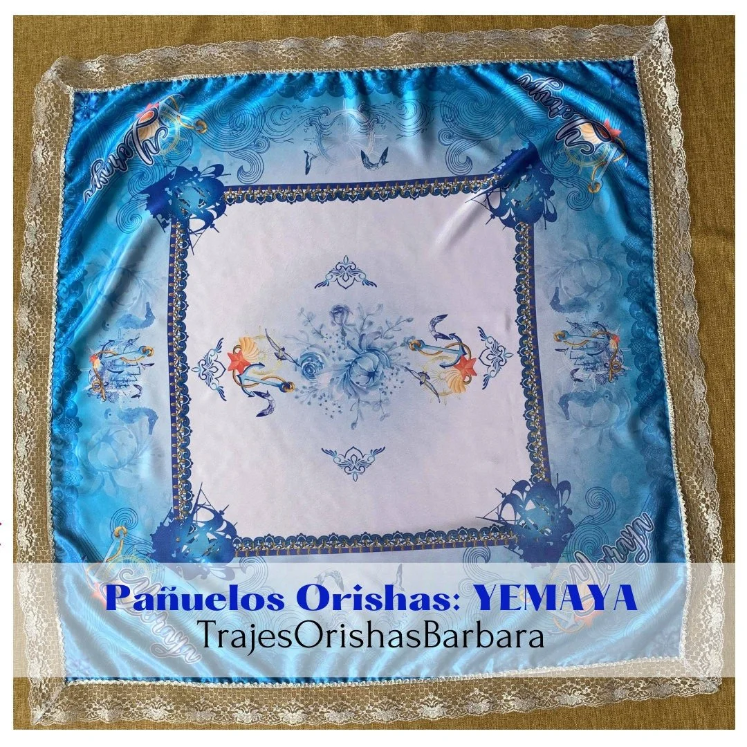 YEMAYA pañuelo. Yemaya handkerchief/ Pañuelo de santo orisha yoruba. Tamaño 45 pulgadas por 45 pulgadas en satén estampado en sublimación.