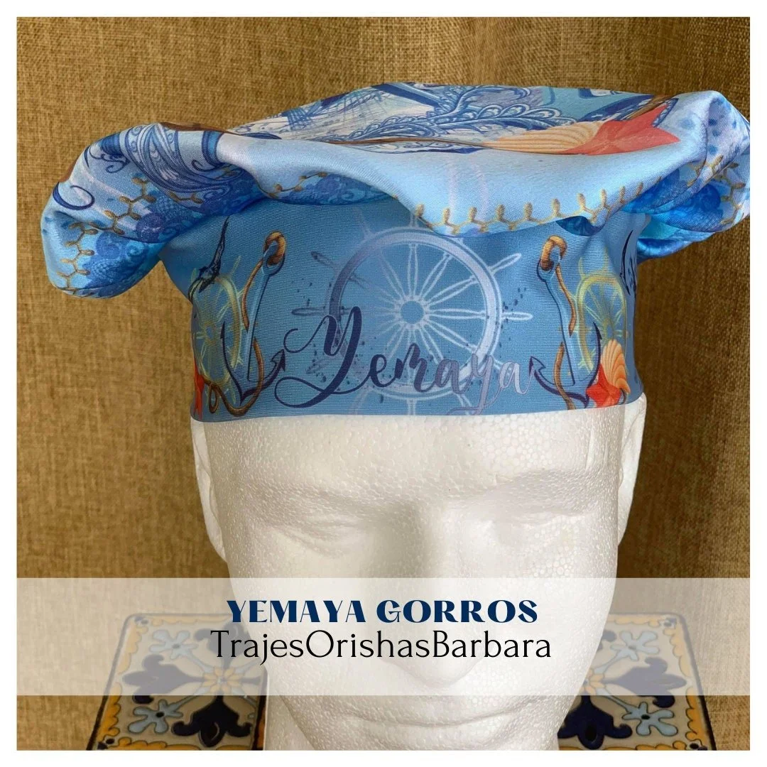 YEMAYA/Gorros de Santo/Gorros Orisha/Accesorios para Santo: Gorros estampados por sublimación con dibujos y motivos propios ajustables
