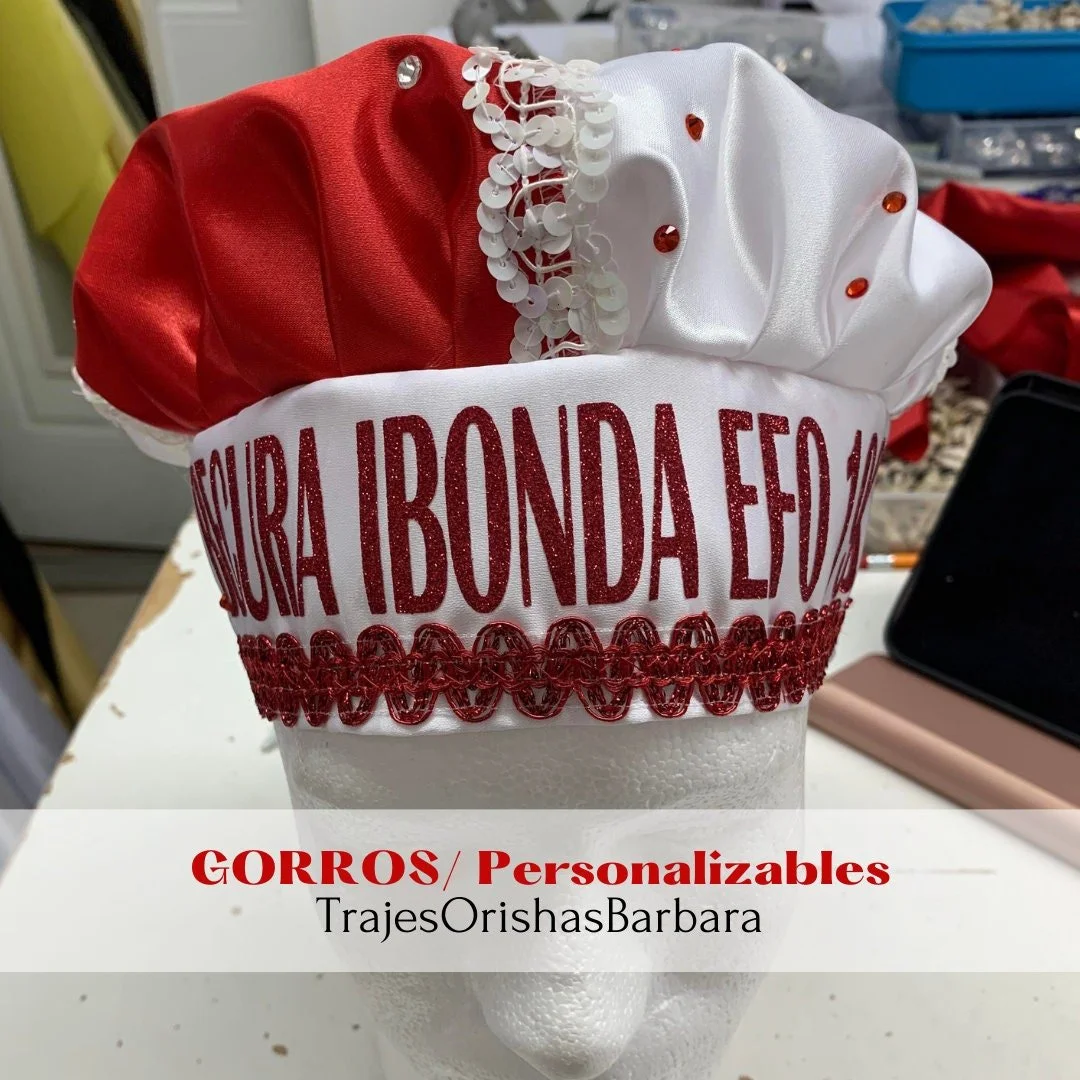 GORROS PERSONALIADOS/Gorros Orisha/Accesorios/Gorro de satín con bordados de pedrería, lentejuelas, pasamanería y cristales/Ajustables