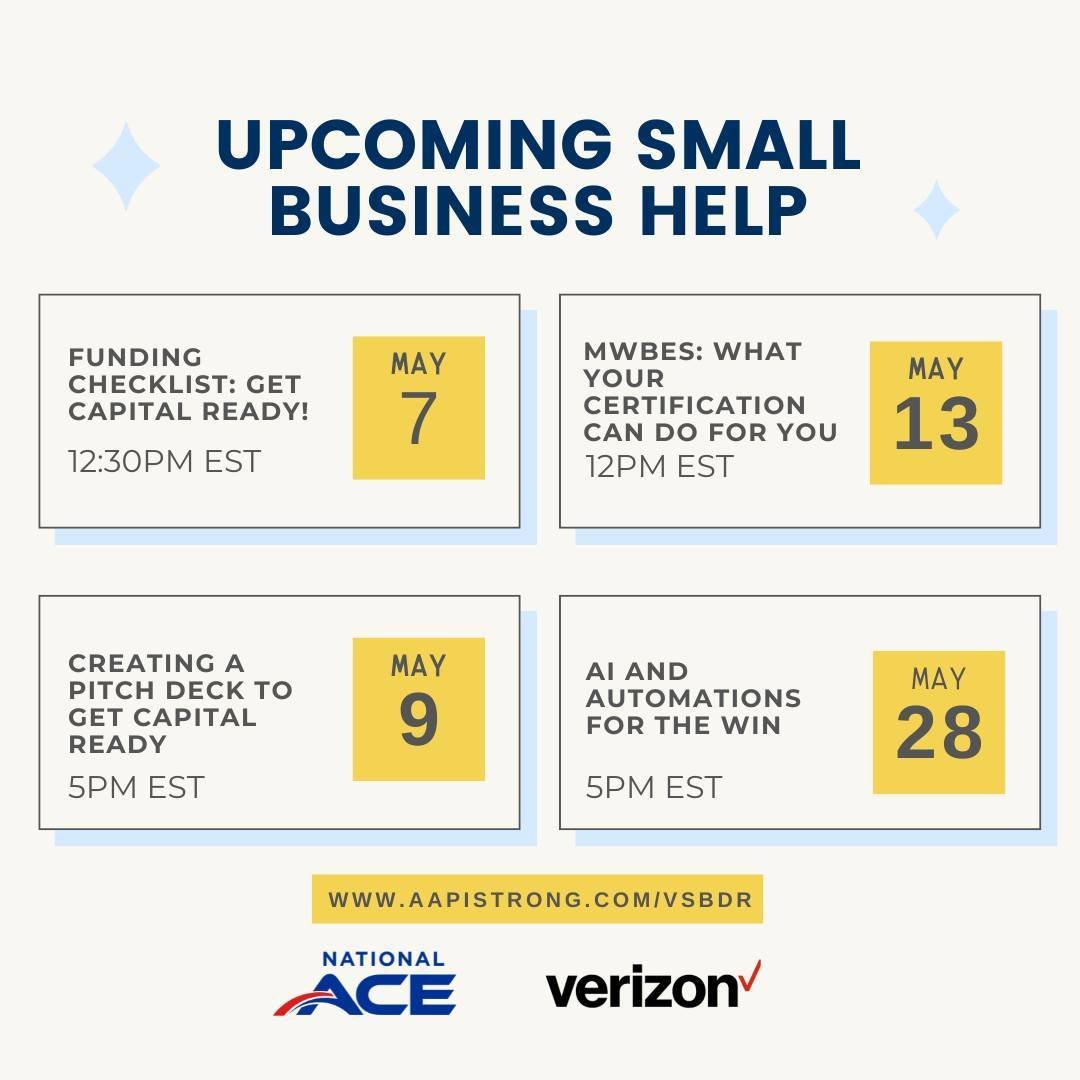 Here are upcoming events this month hosted through Verizon's Small Business Digital Ready program. Register for these events and more via the link in our bio under &quot;Small Business Digital Ready Program&quot;