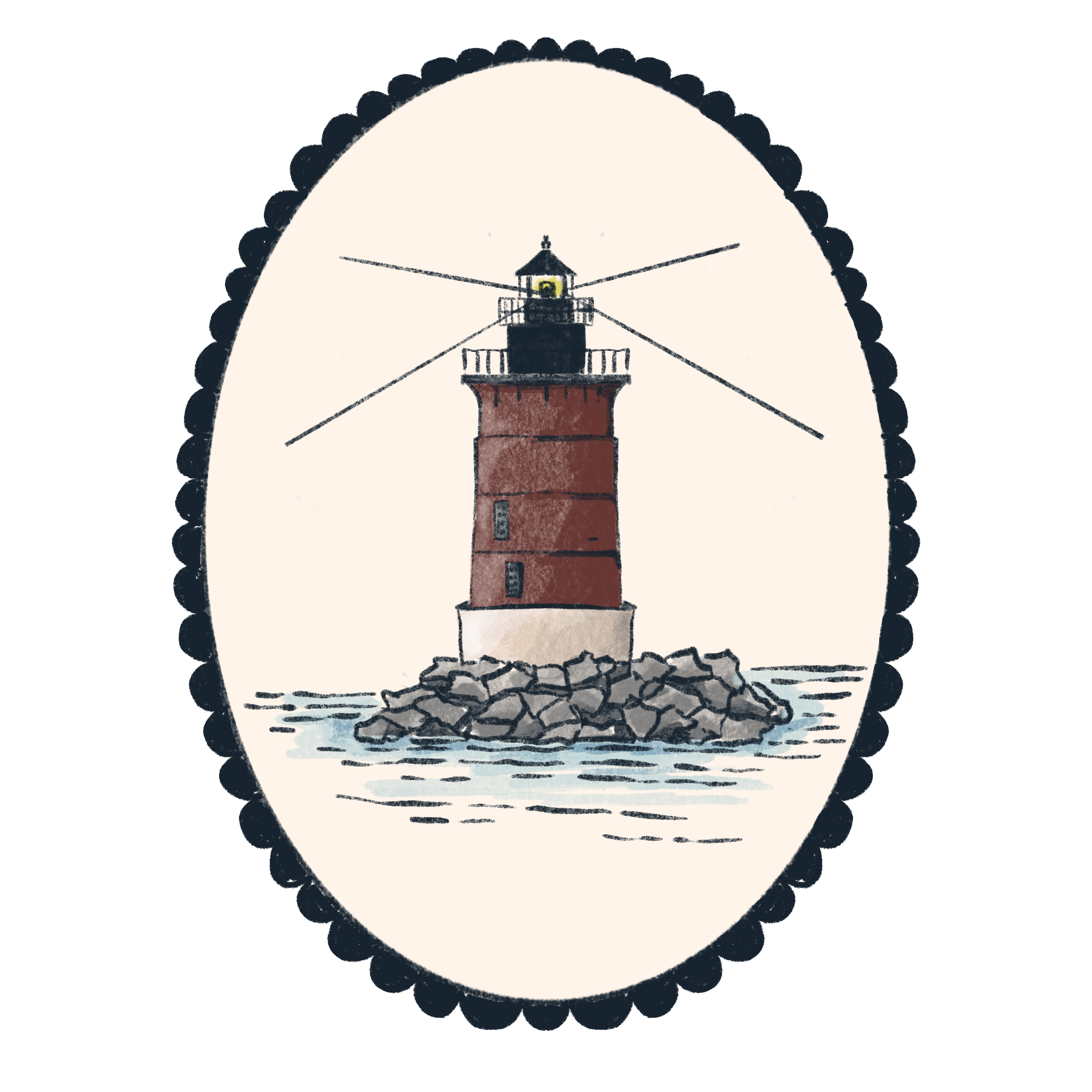 Drawing of a lighthouse on a rocky island, with water surrounding it, inside an oval border.