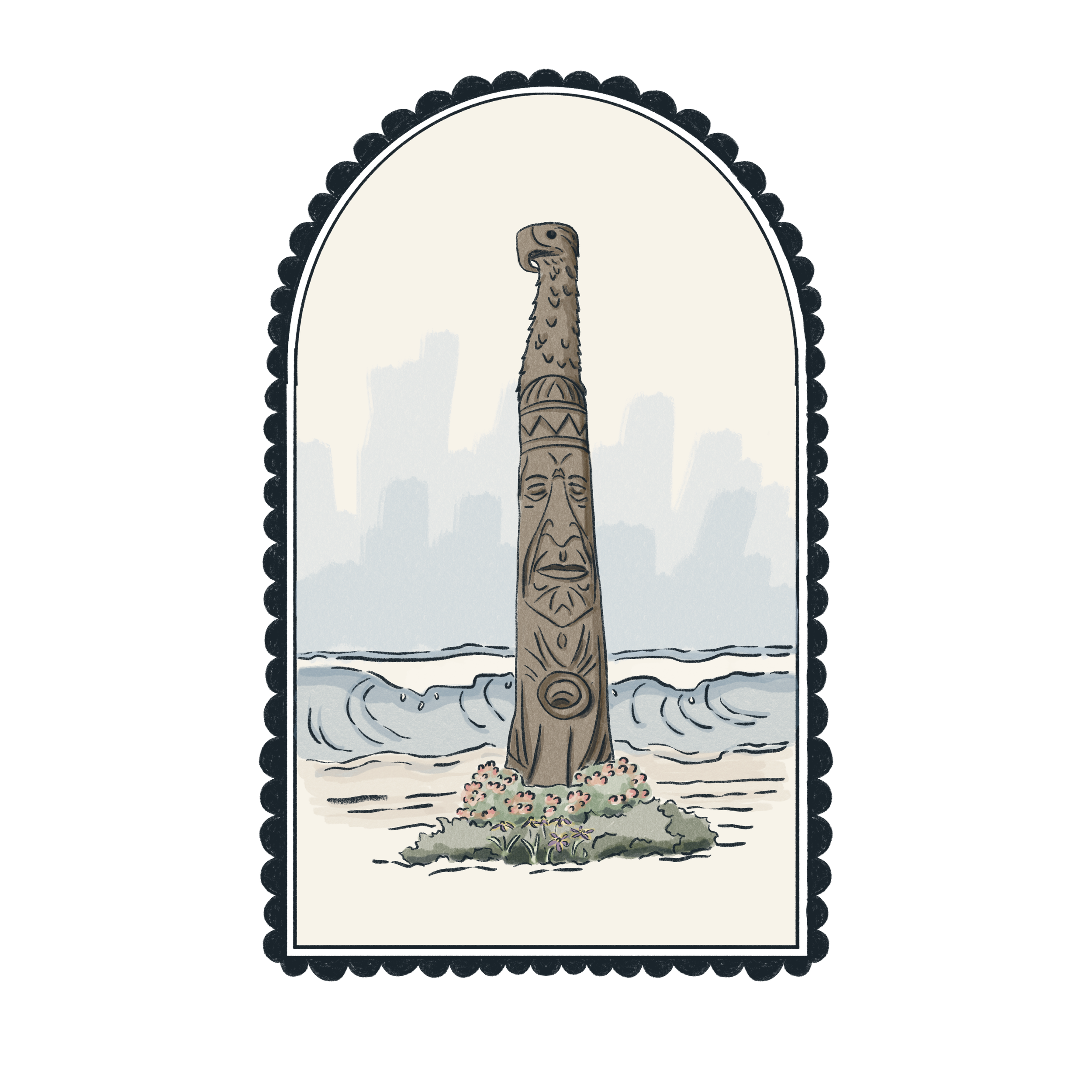 A painted illustration of a Tlingit totem pole on a beach, with ocean waves and a cloudy sky in the background.