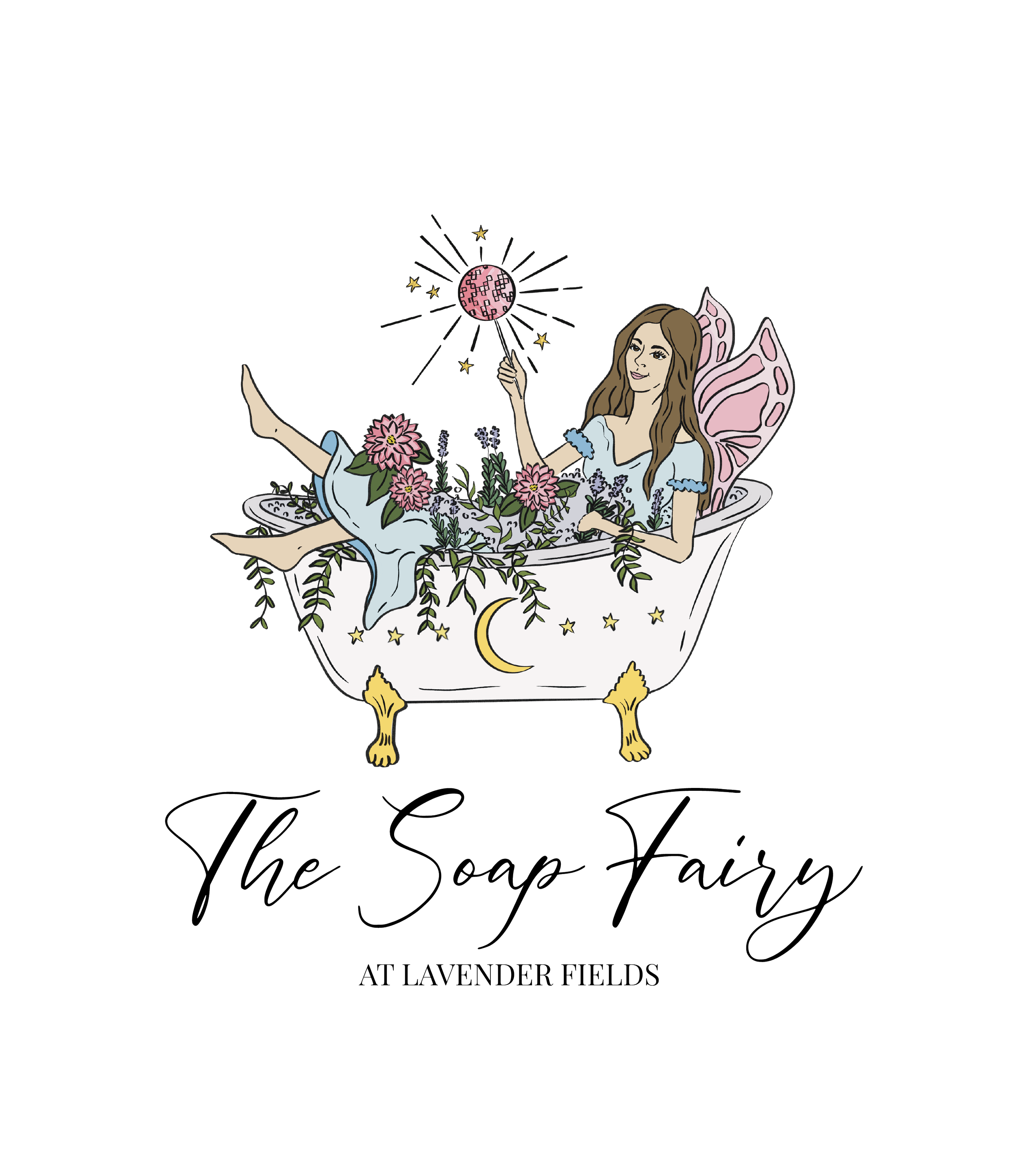 An illustration of a fairy with pink butterfly wings sitting in a vintage bathtub decorated with a moon and stars, holding a sparkler, surrounded by flowers and greenery. Text reads 'The Soap Fairy at Lavender Fields.'
