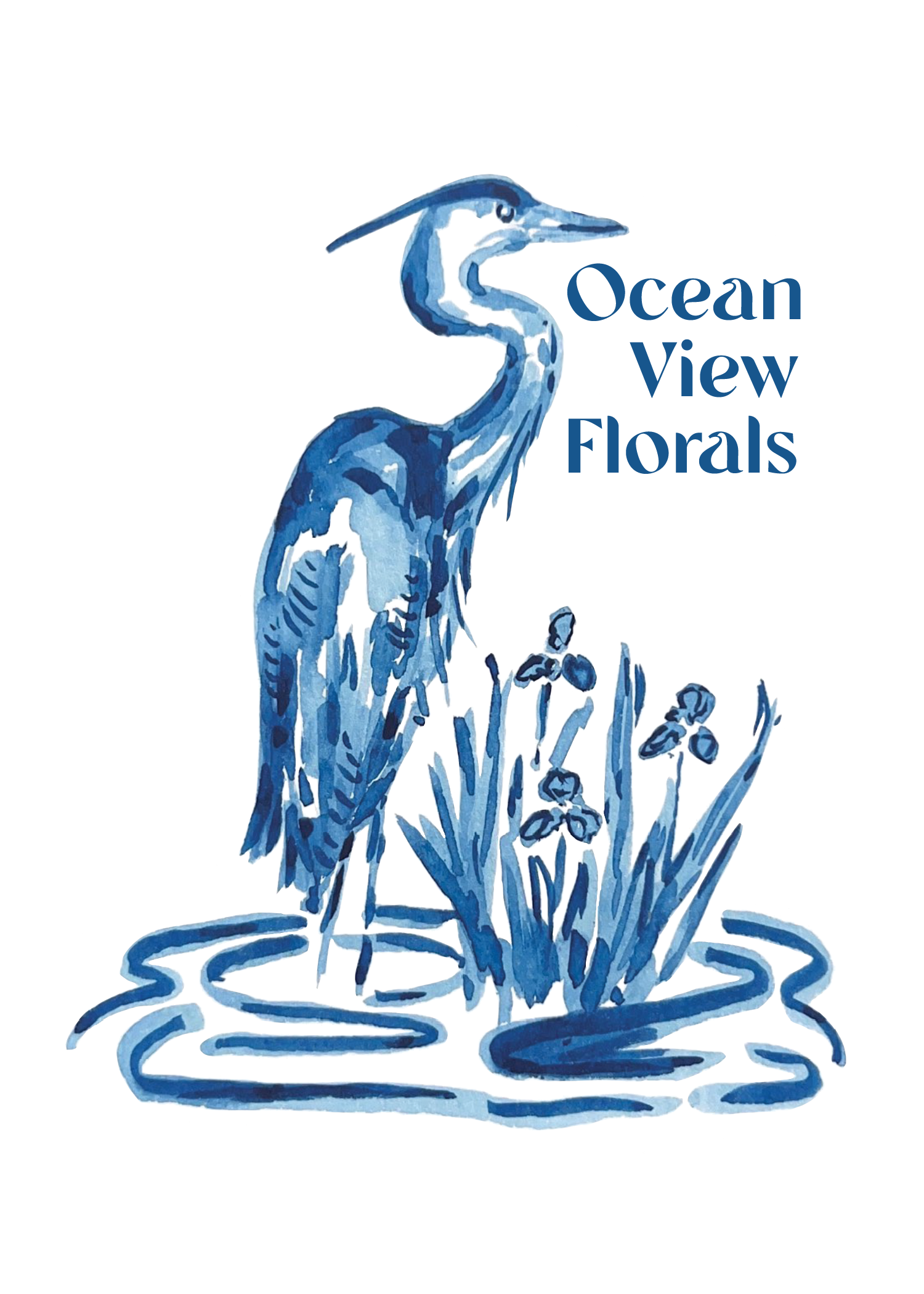 Blue watercolor illustration of a heron standing among aquatic plants with the text "Ocean View Florals" beside it.