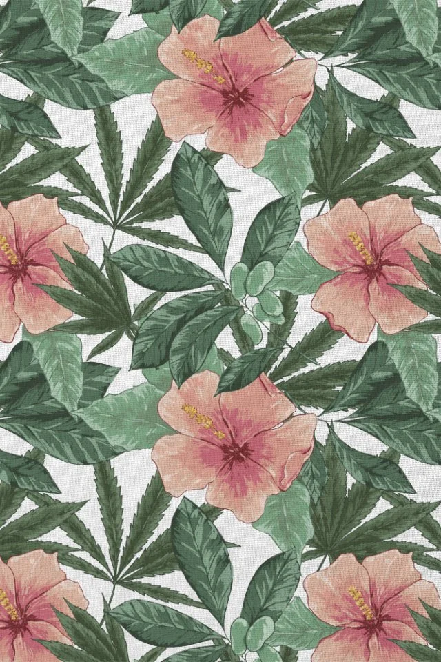 A pattern of pink hibiscus flowers with yellow stamens, green marijuana leaves, and mistletoe on a white background.