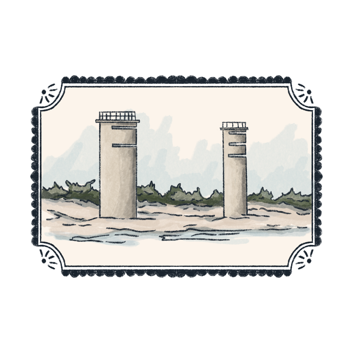 Waterfront scene with two concrete pylons and a line of bushes in the background under a cloudy sky.