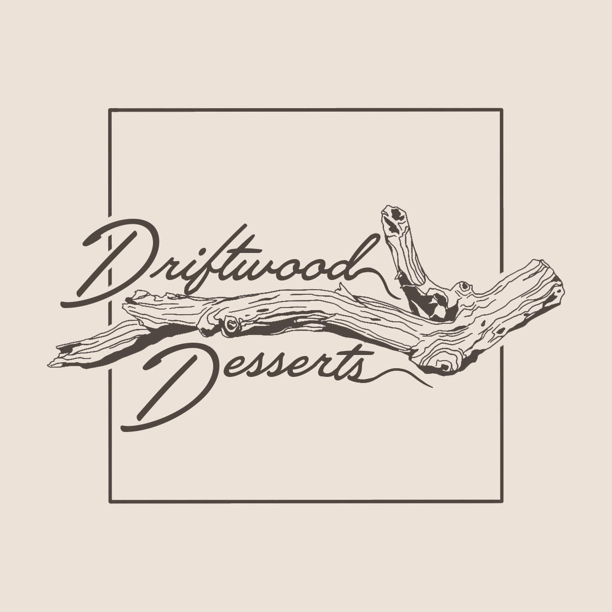 Logo for Driftwood Desserts featuring a line drawing of driftwood with the text 'Driftwood Desserts' in cursive style
