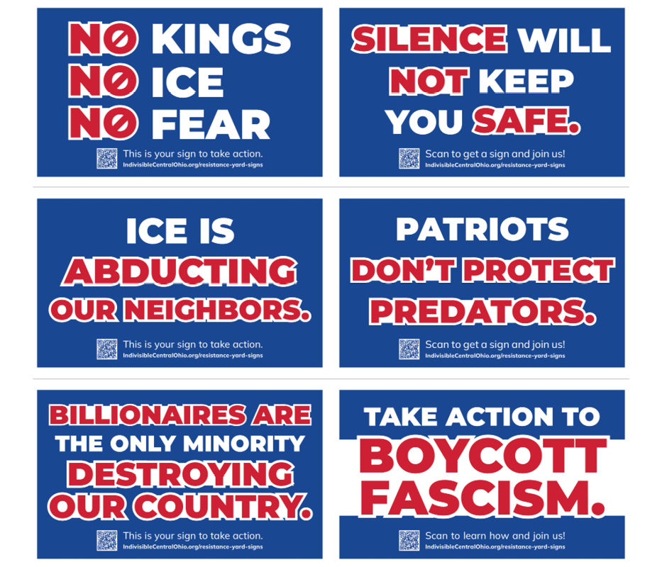 Three signs, front and back. Messaging varies by sign.