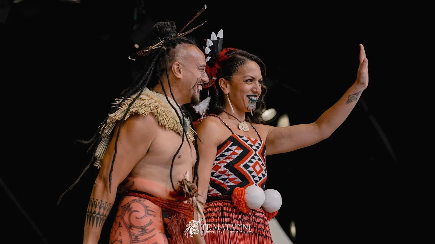 Two haka performers from the group Ngā Tumanako, for Te Matatini 2023.