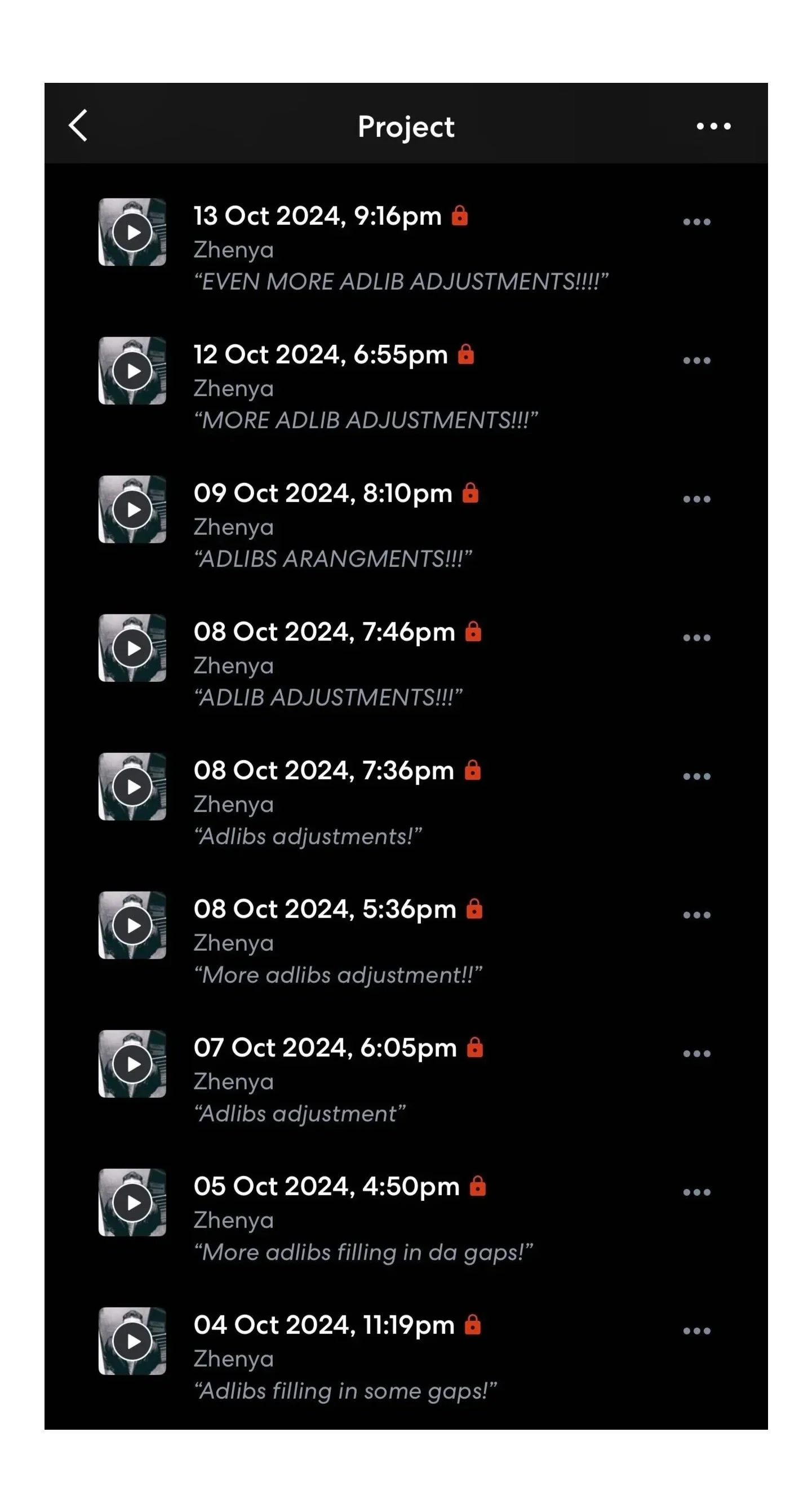 A screenshot of a mobile app displaying a list of video files with dates, times, and titles, mostly related to ad lib adjustments, by Zhenya, with some videos marked as locked.
