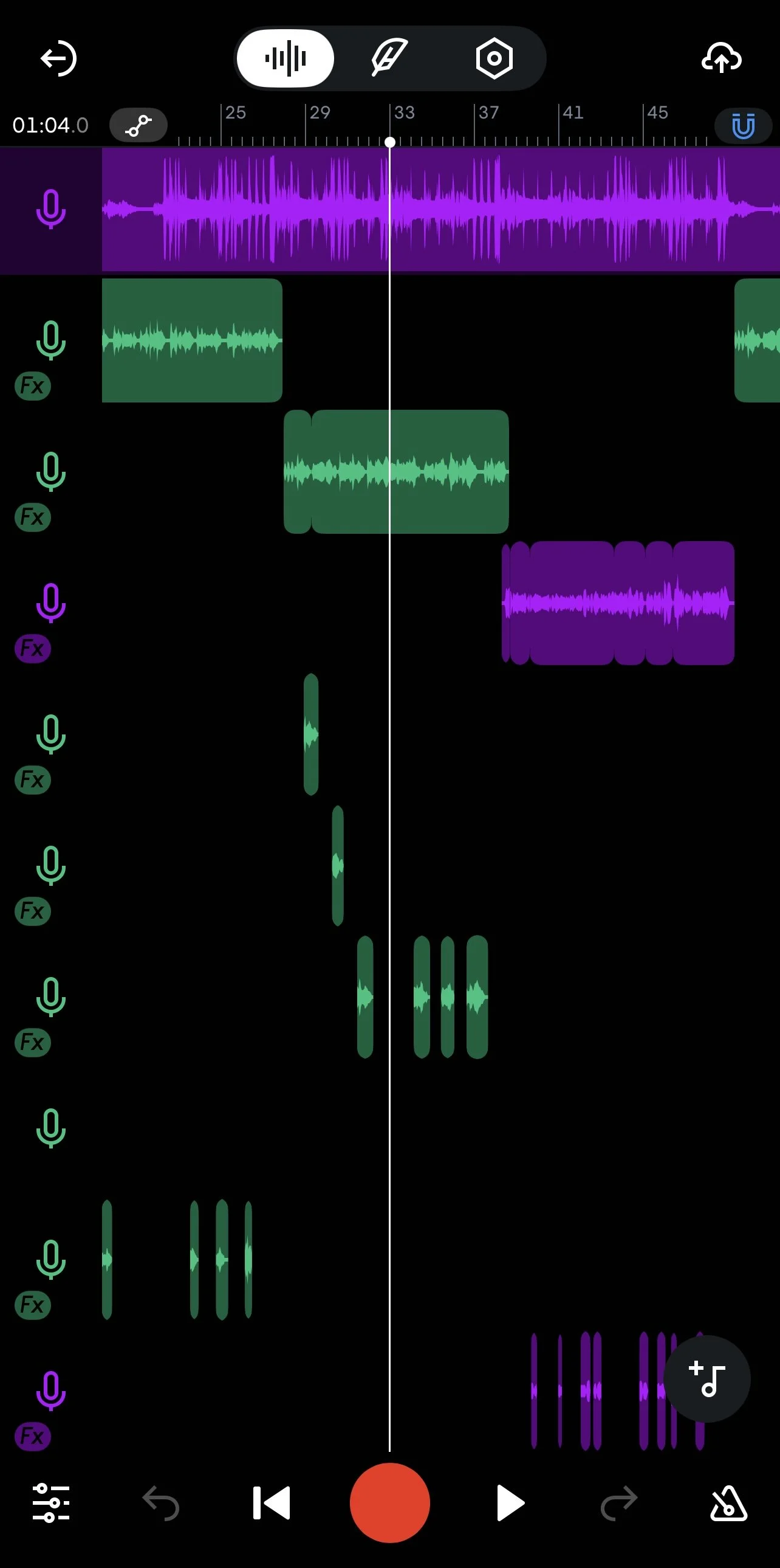 Screenshot of a digital audio editing app showing multiple audio tracks in purple and green, with waveforms of various lengths and amplitudes, and a vertical white playhead line at around 33 seconds.
