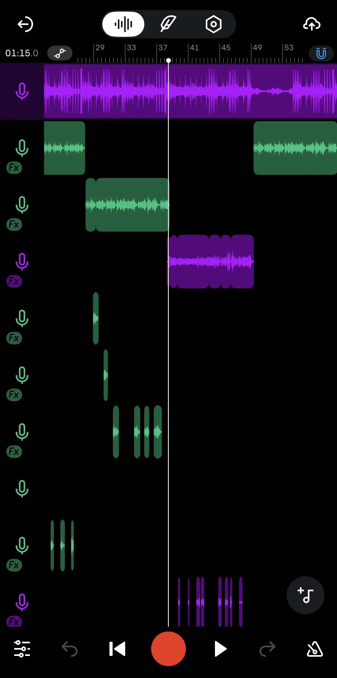 Audio editing app showing multiple tracks of audio clips in purple and green, with timeline and control buttons at the top and bottom.