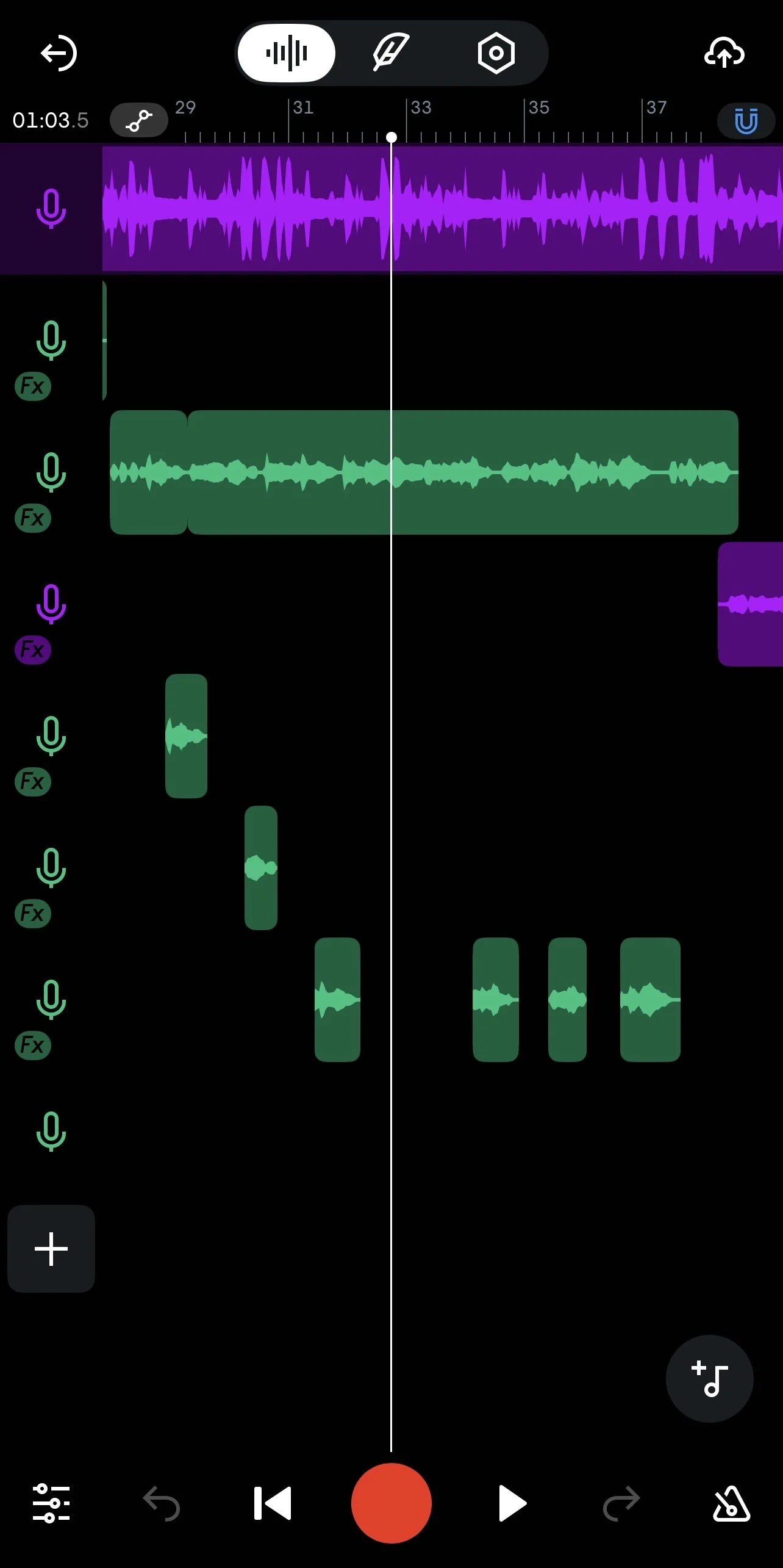 Screenshot of a music or audio editing app showing multiple audio tracks with waveforms in purple, green, and violet, and various editing controls.