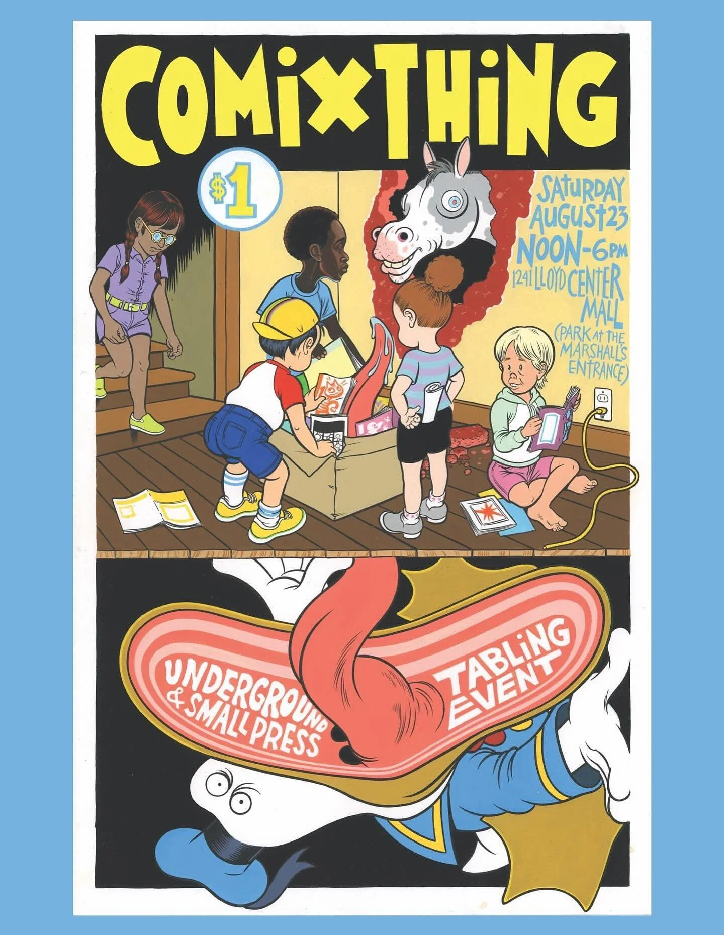 Tomorrow! Saturday August 23rd! Get out of the heat and head to the @shoplloydcenter for @comix_thing!! 

We are in love with this poster by @baloneyfeathers (go take a look at the print process by our friends @secretroompress over on their feed) and