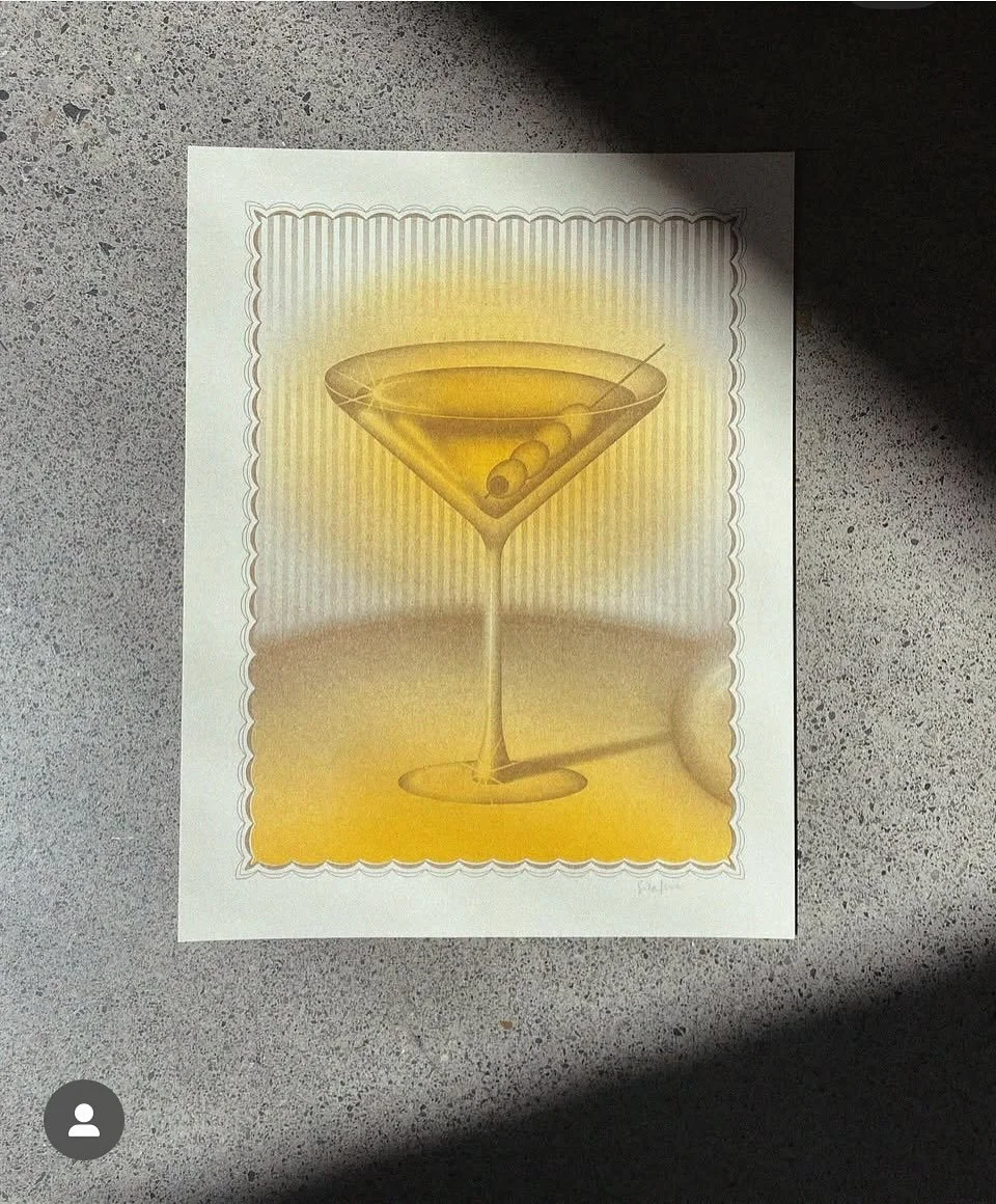 Adore this print that @sitafidler made for the @thesis.agency Affinity Art show. We love a print that has accessories like martini recipe cards and clay olives. 👀👀
