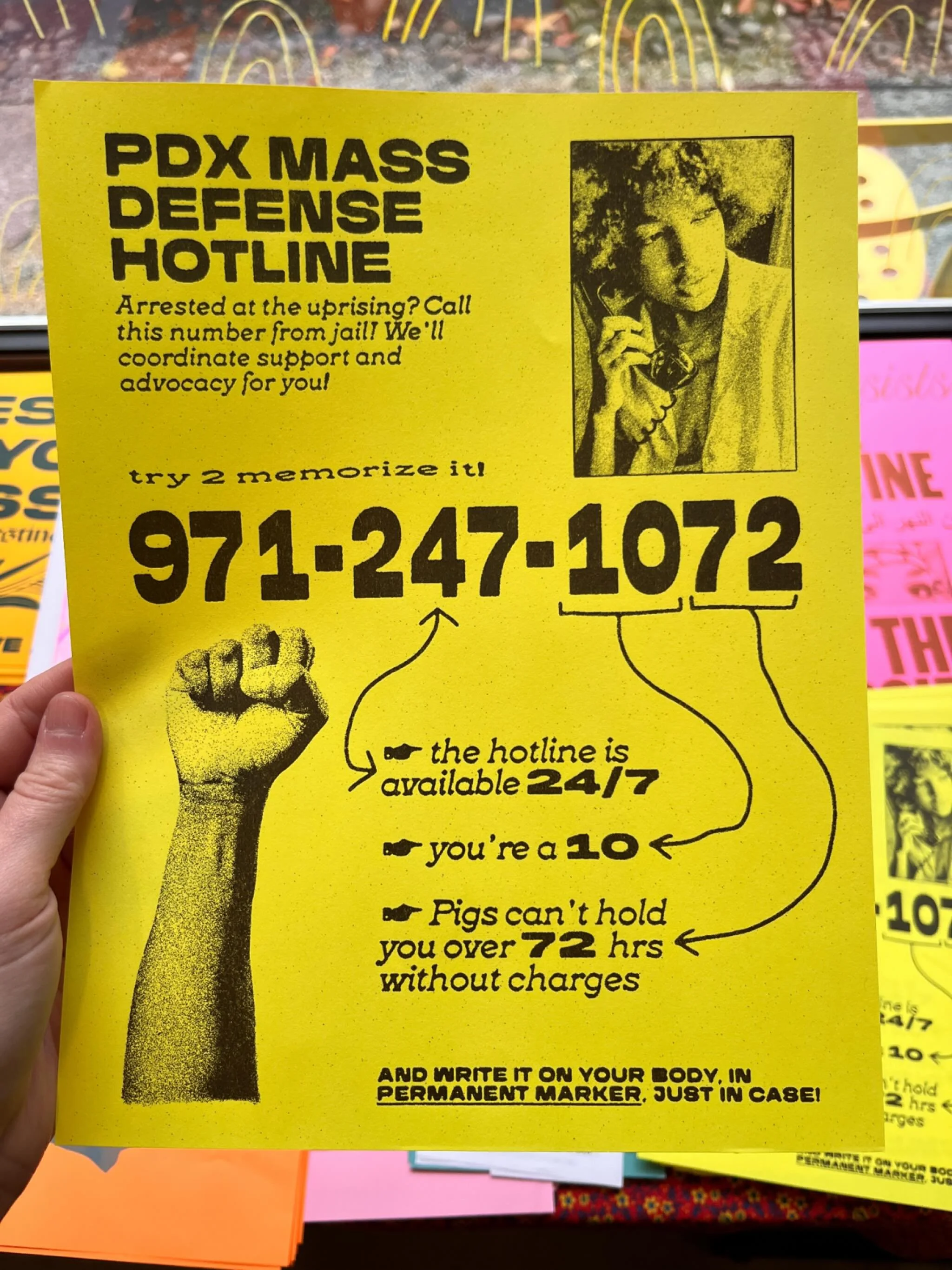 Hot off the press and ready to be picked up! We&rsquo;ve got these great PDX mass defense hotline flyers designed by @hey.janx sitting on our free poster table, come get some! 

Text reads: Arrested at an uprising? Call this number from jail! We&rsqu