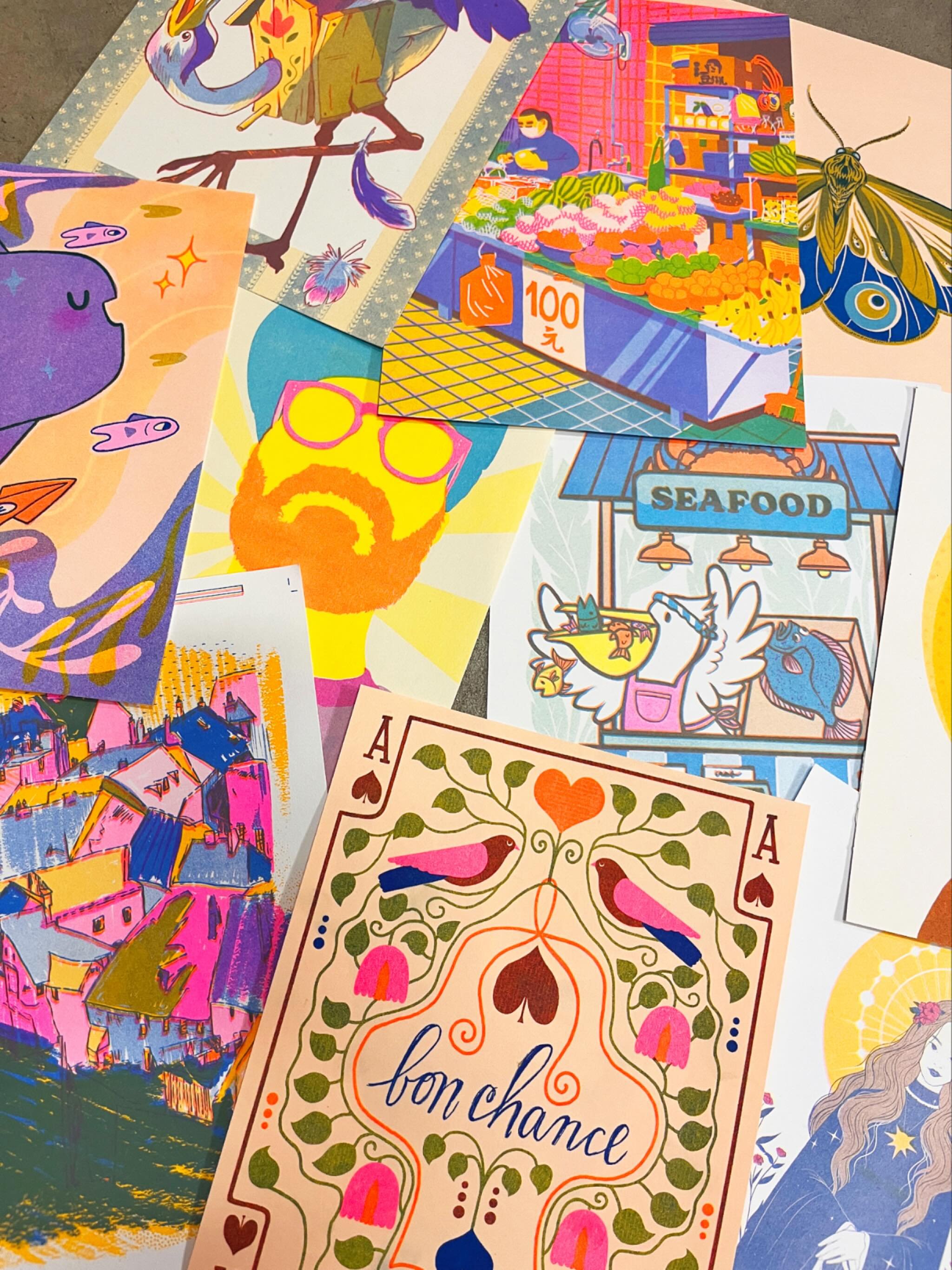 Next Thursday (11/20) we&rsquo;ve got another digital illustration for RISO workshop taught by @lelandthebird! These are some prints from past workshops - come learn how to turn those digital illustrations into vibrant riso prints using ink overlays,