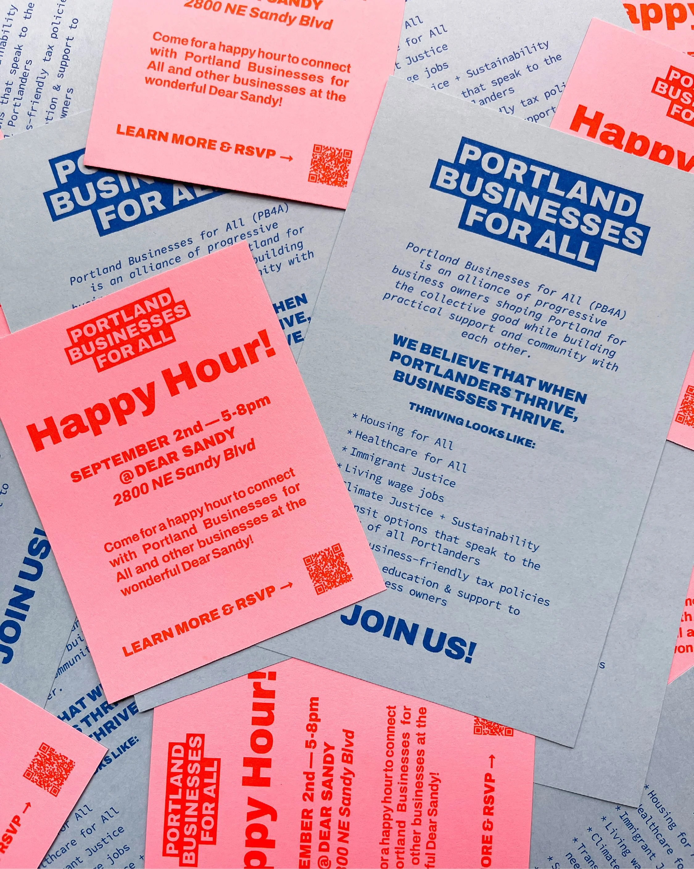 We&rsquo;re so excited to be a part of (and printing for!!) Portland Businesses for All! We just ran a colorful edition of flyers for a happy hour hosted by our beloved neighbors Dear Sandy - we hope you can join us! 💛💛💛
Here&rsquo;s the details:
