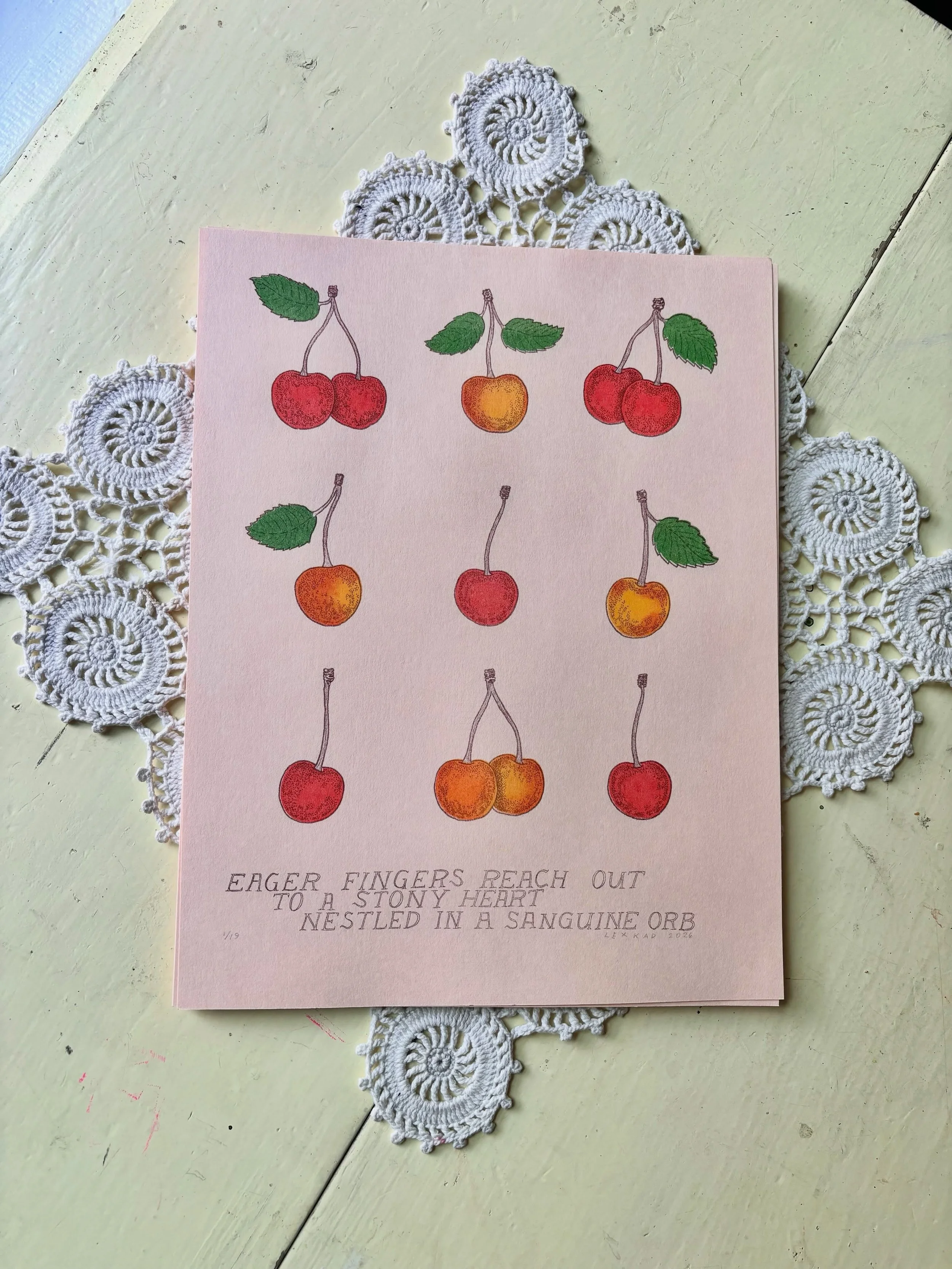 Sweet cherries by @flwrforms! Thanks for printing with us! 🍒 

Repost @flwrforms Now available on my bigcartel! (linked in bio)
Four layer risograph print of bing and rainier cherries above a reflection on these sun-filled wonders. I&rsquo;m not typ