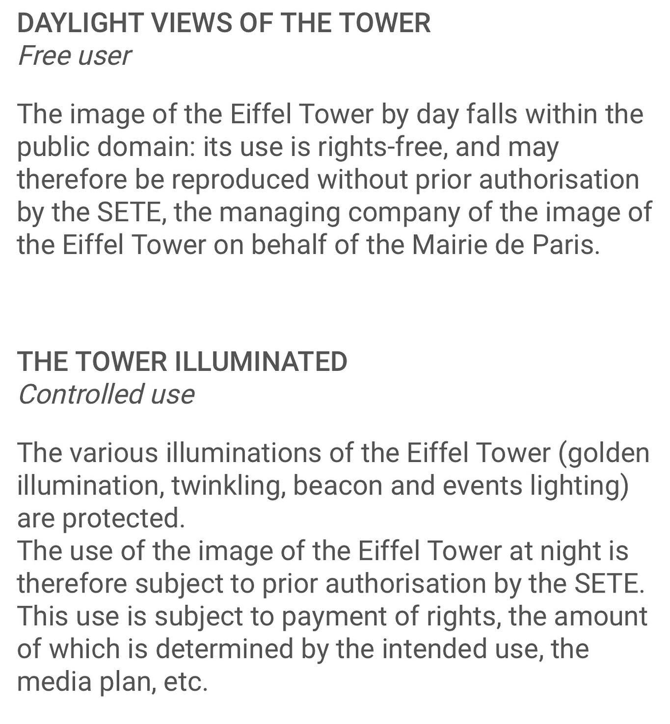 Fun fact: The nighttime illuminations of the Eiffel Tower are protected by #copyright. Images/views taken by private individuals for private use is OK, but professionals need to seek permission and may be subject to a fee. #eiffeltower #IPfunfacts

C