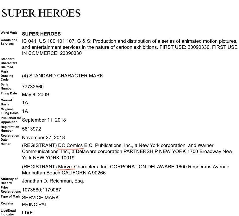 Fun fact: DC Comics and Marvel co-own various #trademark registrations for &ldquo;SUPER HEROES&rdquo;