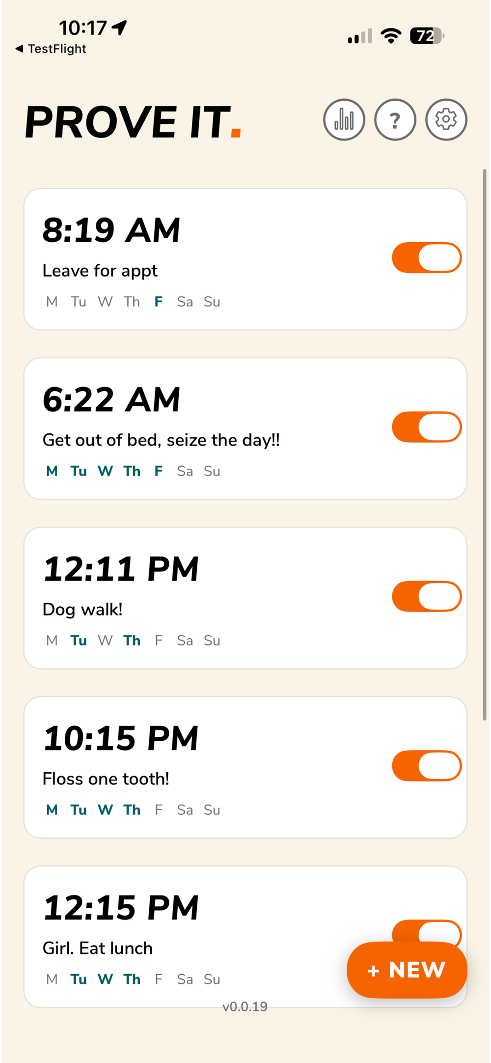 PROVE IT alert list โ Leave for appt, Get out of bed, Dog walk, Floss one tooth