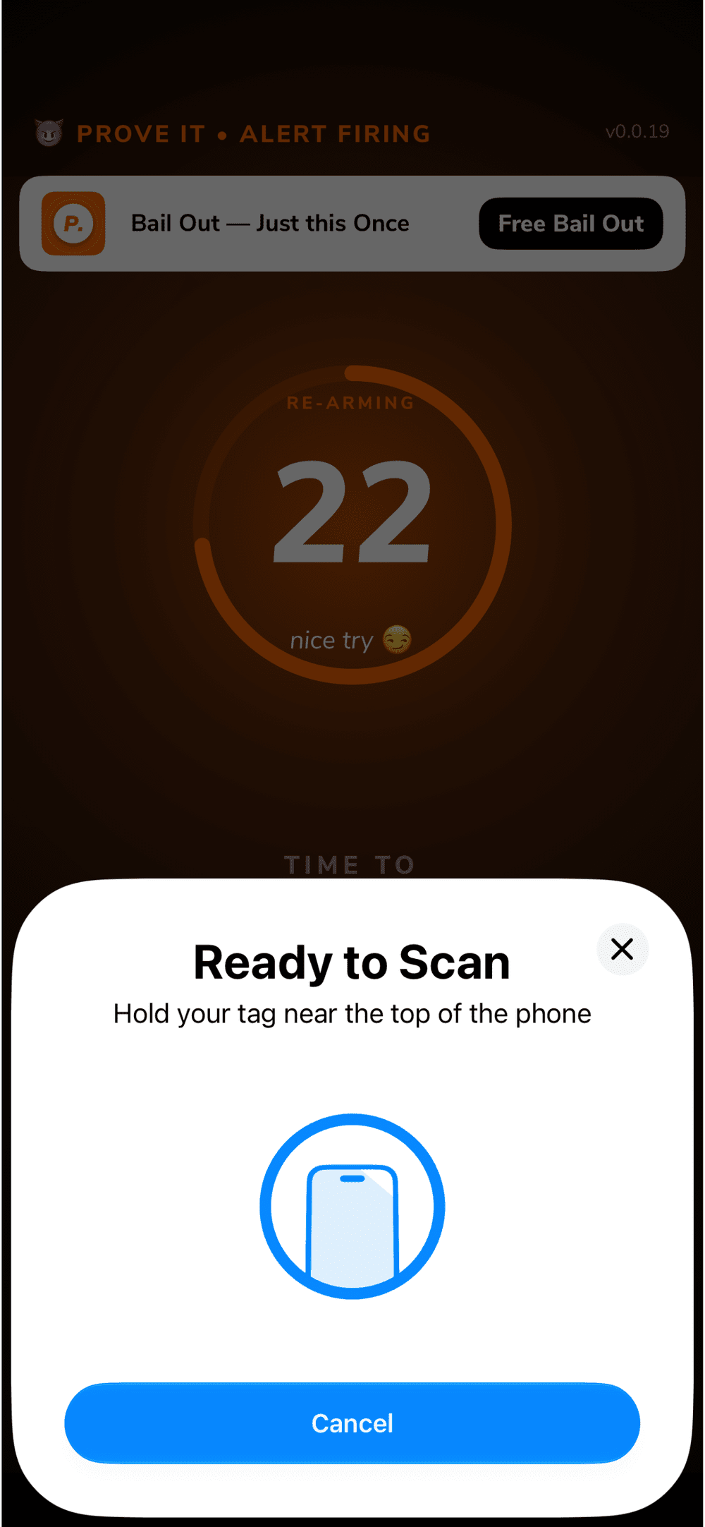 Alert firing โ re-arming countdown with Ready to Scan sheet