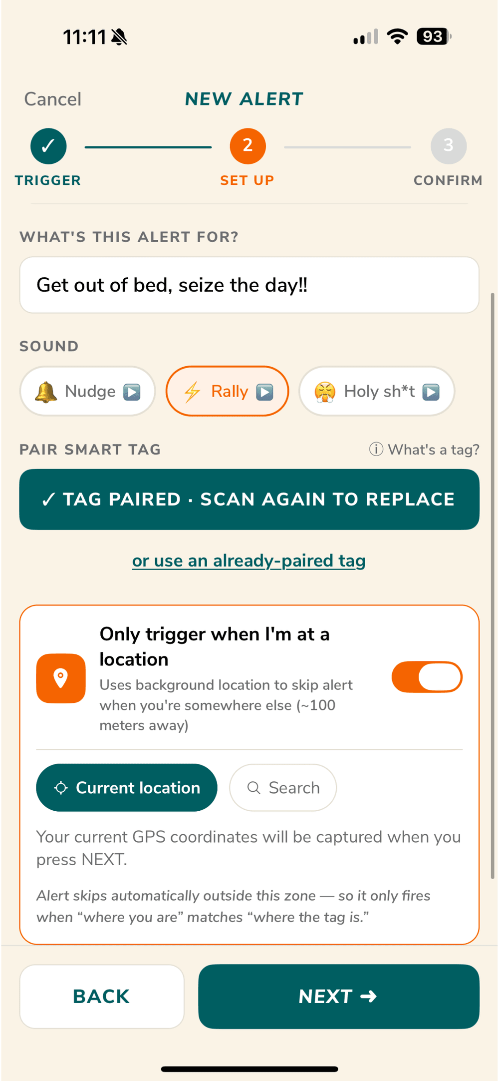 New alert setup โ name, sound, paired tag, location trigger