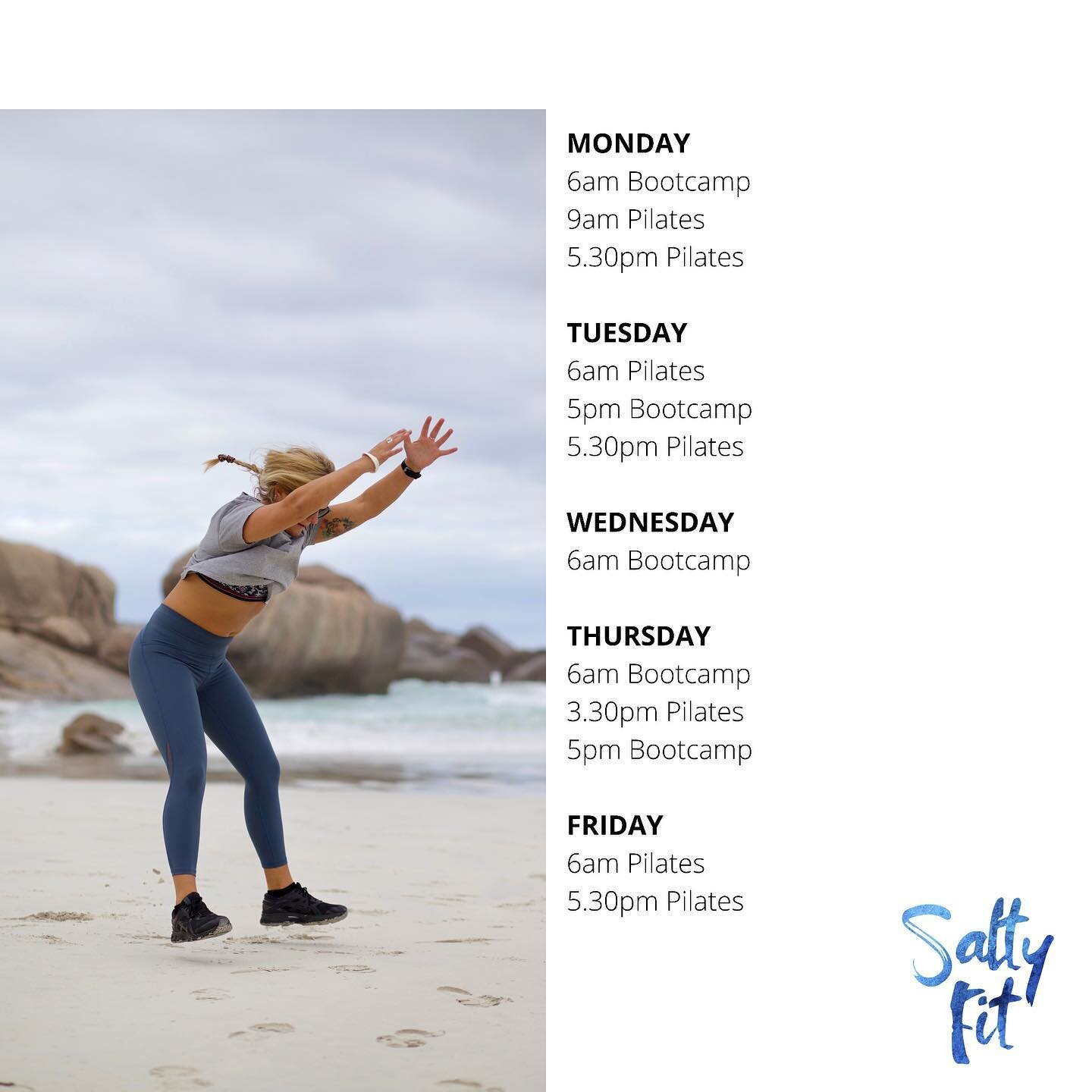 NEW TIMETABLE 🌻 Commencing Monday the 19th. 
Please book in for all Pilates classes as limited spots are available. Check out website for all information on classes, signing up and more! www.saltyfitpersonaltraining.com