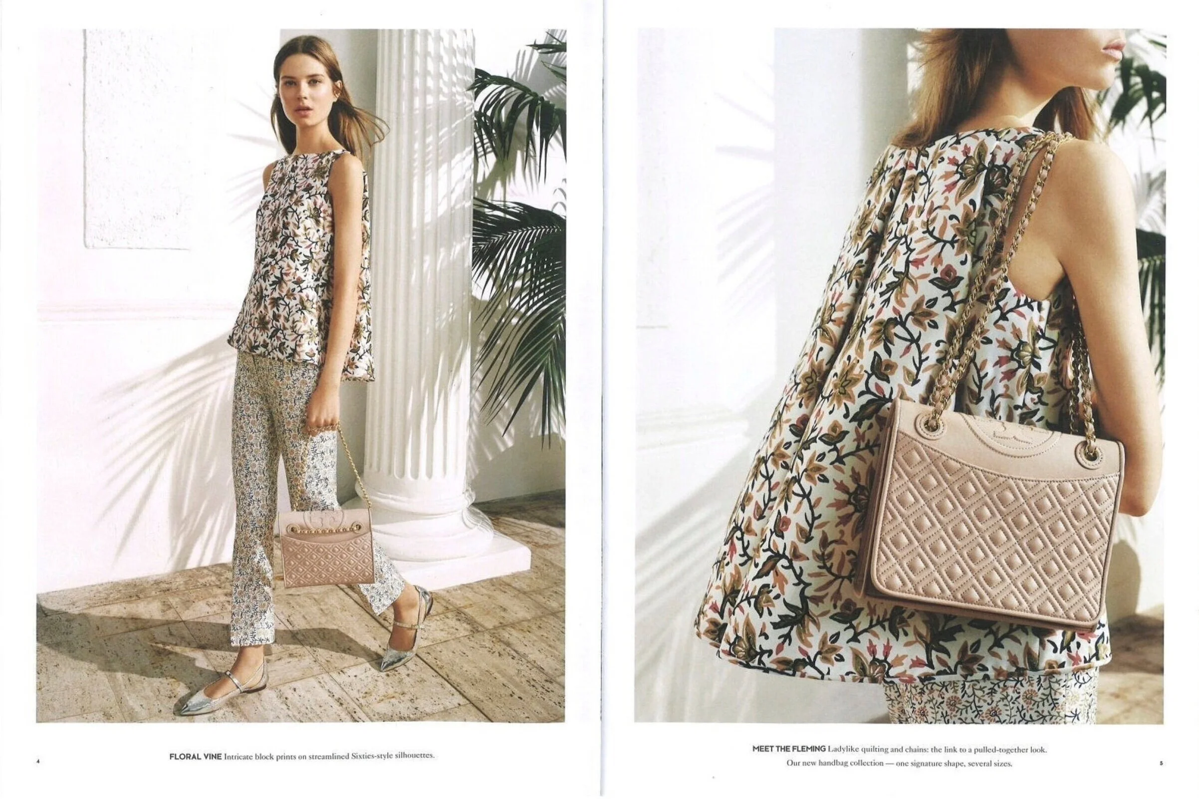 L: Floral Vine Intricate block prints on streamlined Sixties-style silhouettes.&nbsp;R: Meet the Fleming Ladylike quilting and chains: the link to a pulled-together look. Our new handbag collection — one signature shape, several sizes.