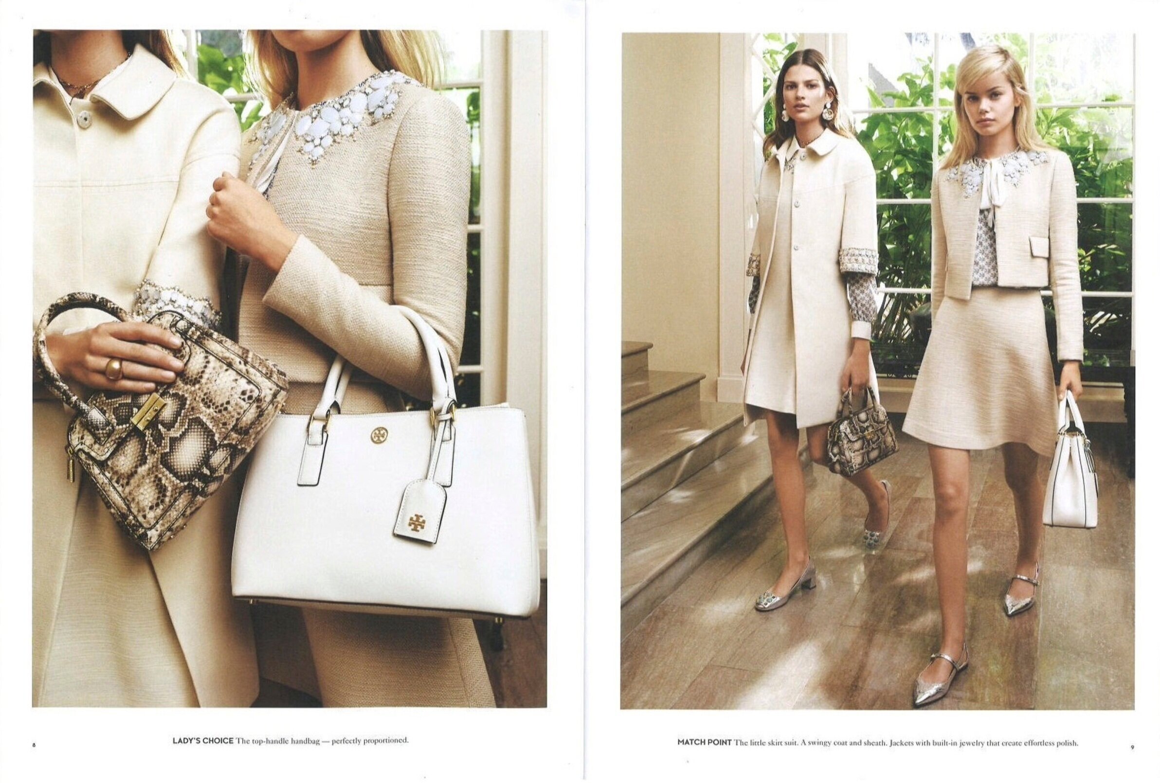 L: Lady’s Choice The top-handle handbag — perfectly proportional.R: Match Point The little skirt suit. A swingy coat and sheath. Jackets with built-in jewelry that create effortless polish.