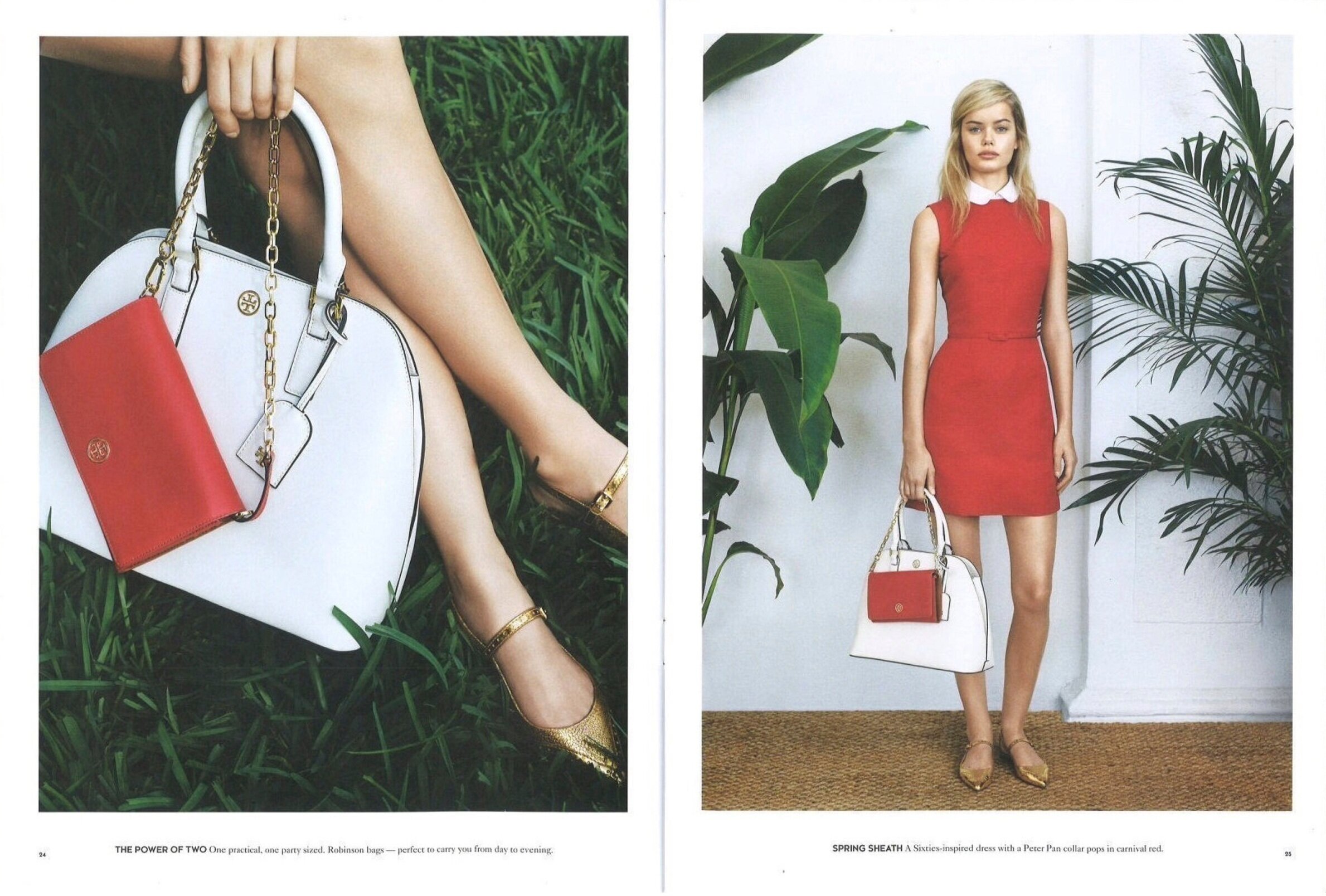 L: The Power of Two One practical, one party sized. Robinson bags — perfect to carry you from day to evening.R: Spring Sheath A Sixties-inspired dress with a Peter Pan collar pops in carnival red.