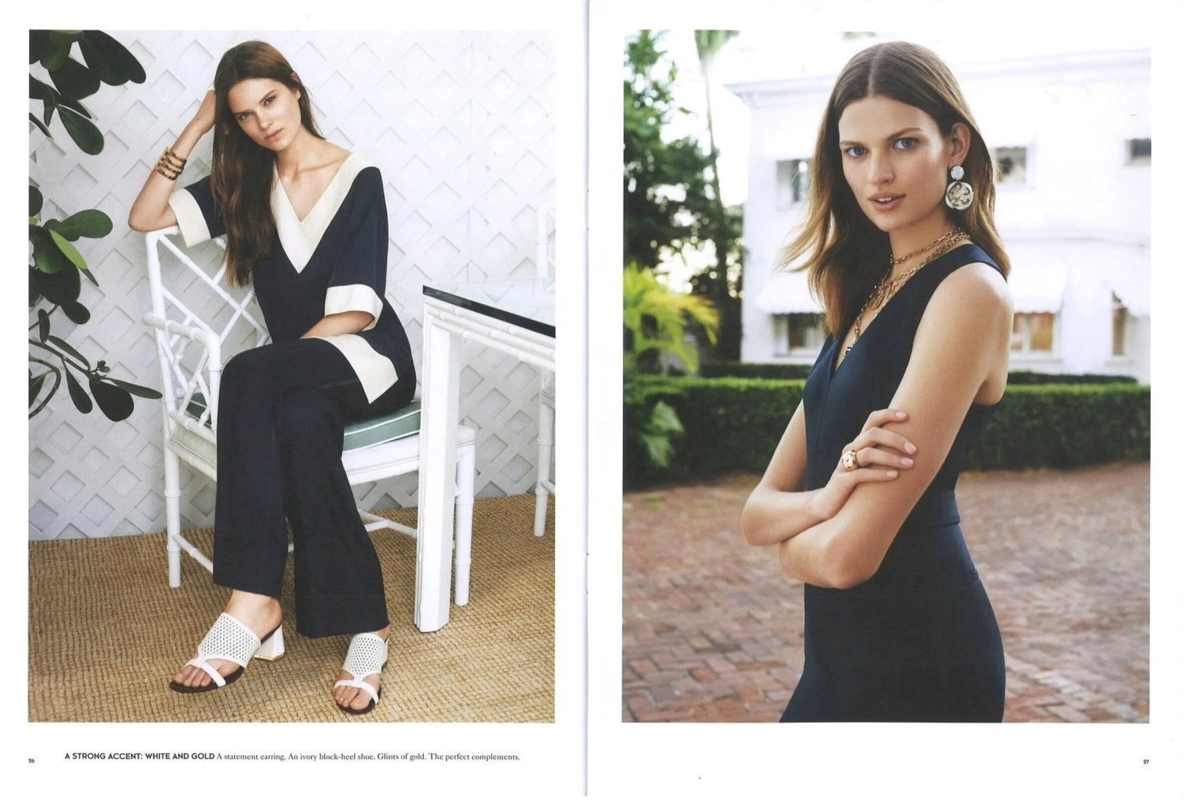 A Strong Accent: White and Gold A statement earring. An ivory block-heel shoe. Glints of gold. The perfect complements.