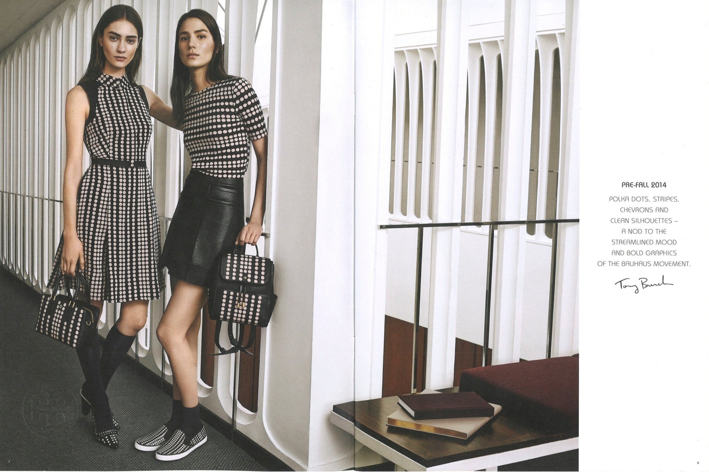 Pre-Fall 2014Polka dots, stripes, chevrons and clean silhouettes — a nod to the streamlined mood and bold graphics of the Bauhaus movement.&nbsp;