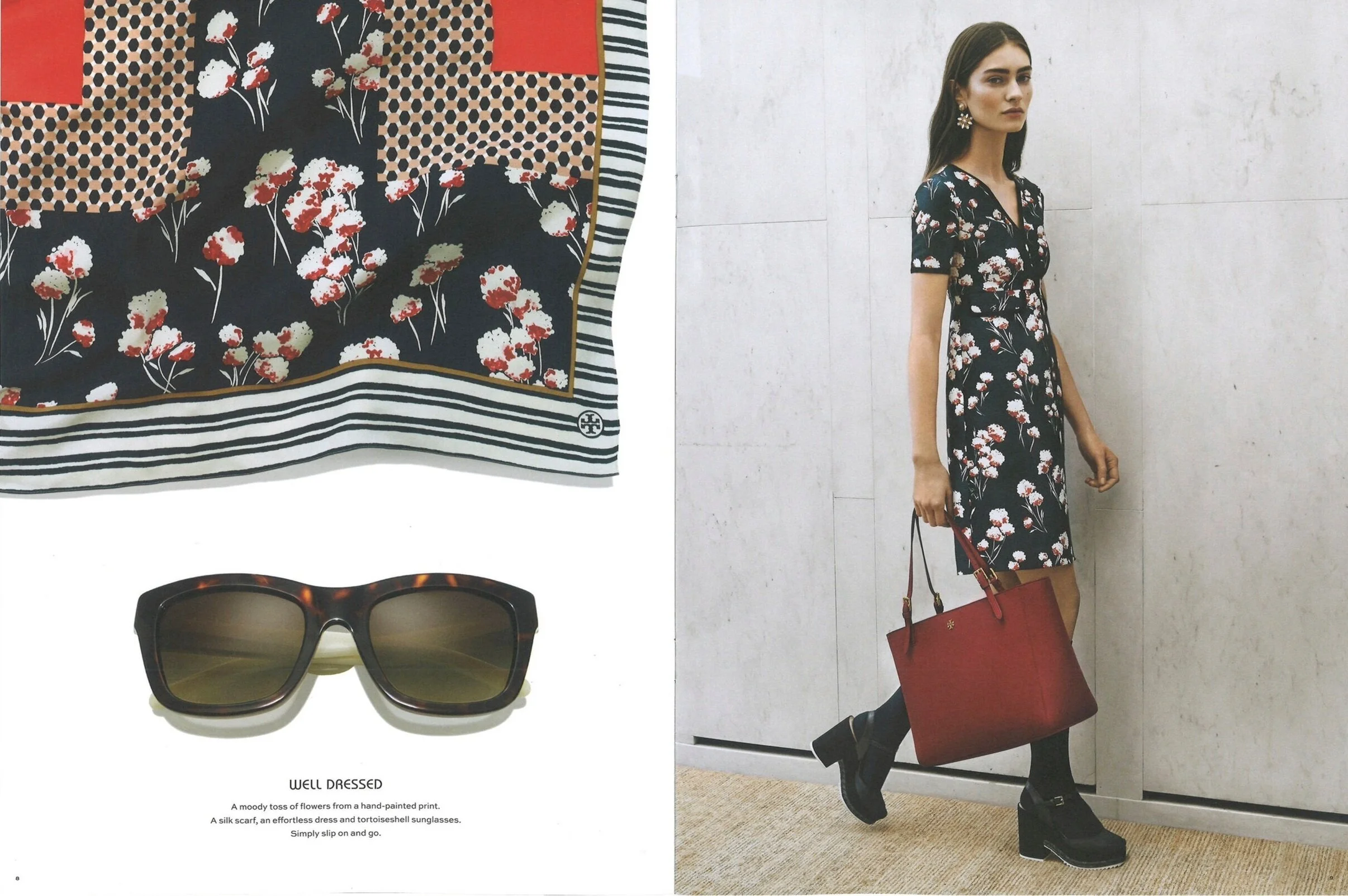 Well DressedA moody toss of flowers from a hand-painted print. A silk scarf, an effortless dress and tortoiseshell sunglasses. Simply slip on and go.