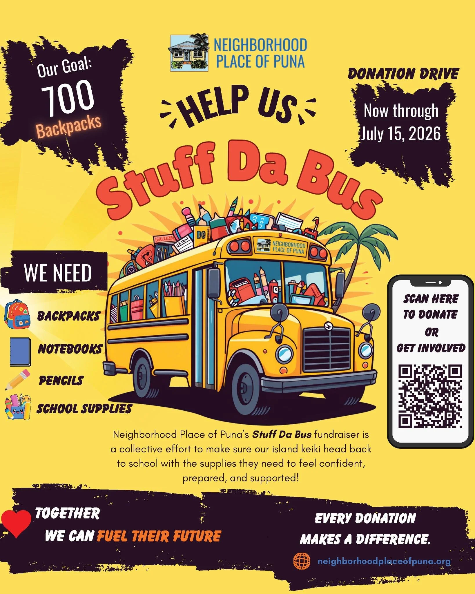 ASC is helping to support @neighborhoodplaceofpuna's Stuff Da Bus initiative! 

Drop off donations on campus between 8a-3p this Monday thru Thursday! 

They are asking for school supplies such as backpacks, notebooks, pencils, etc. with the goal of s