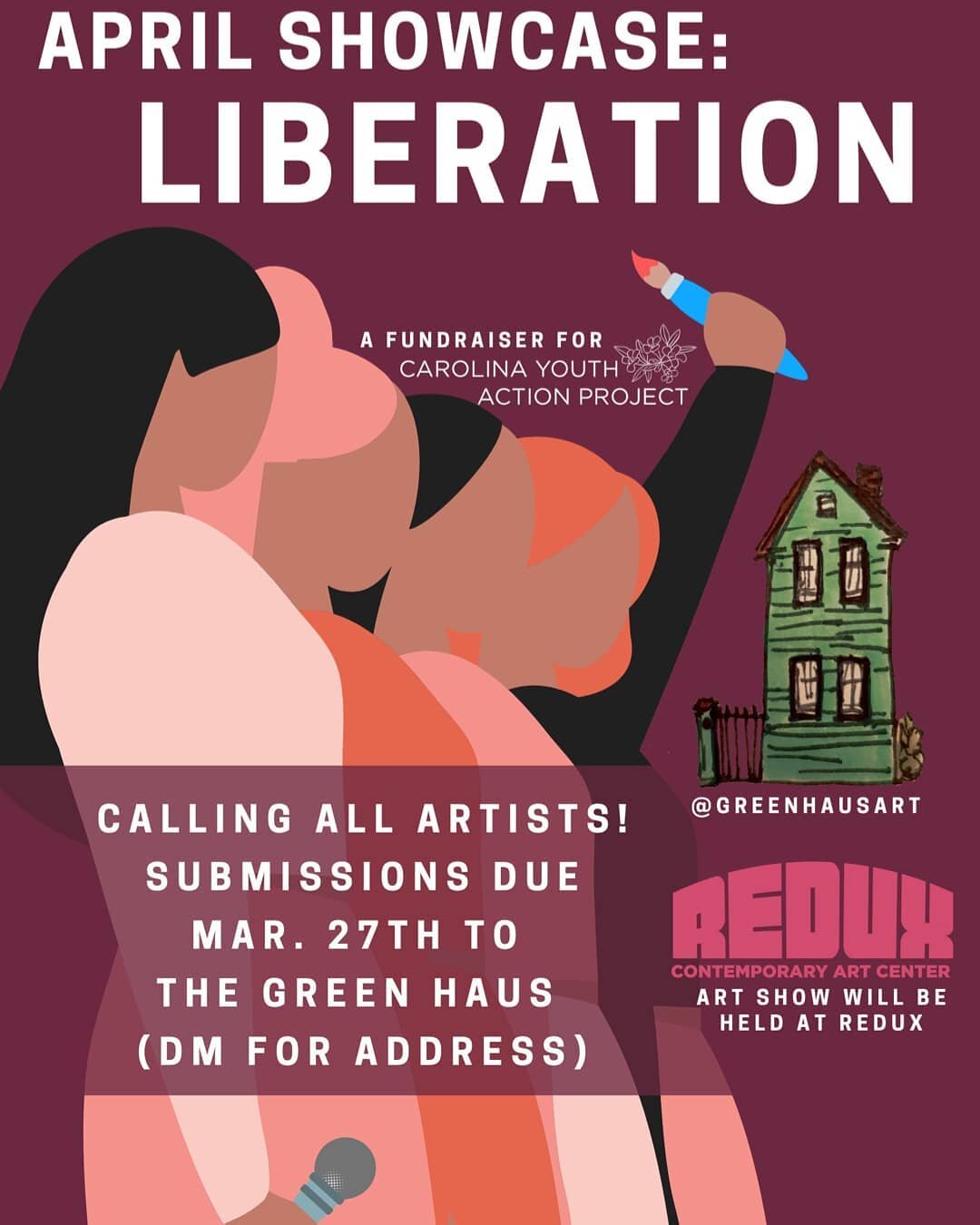 APRIL: LIBERATION
Announcing our April show: Liberation. This show is special for many reasons...we are raising funds for CYAP, having our opening exhibition at Redux, and keeping artworks on display there  for five days! Artists of all mediums are w