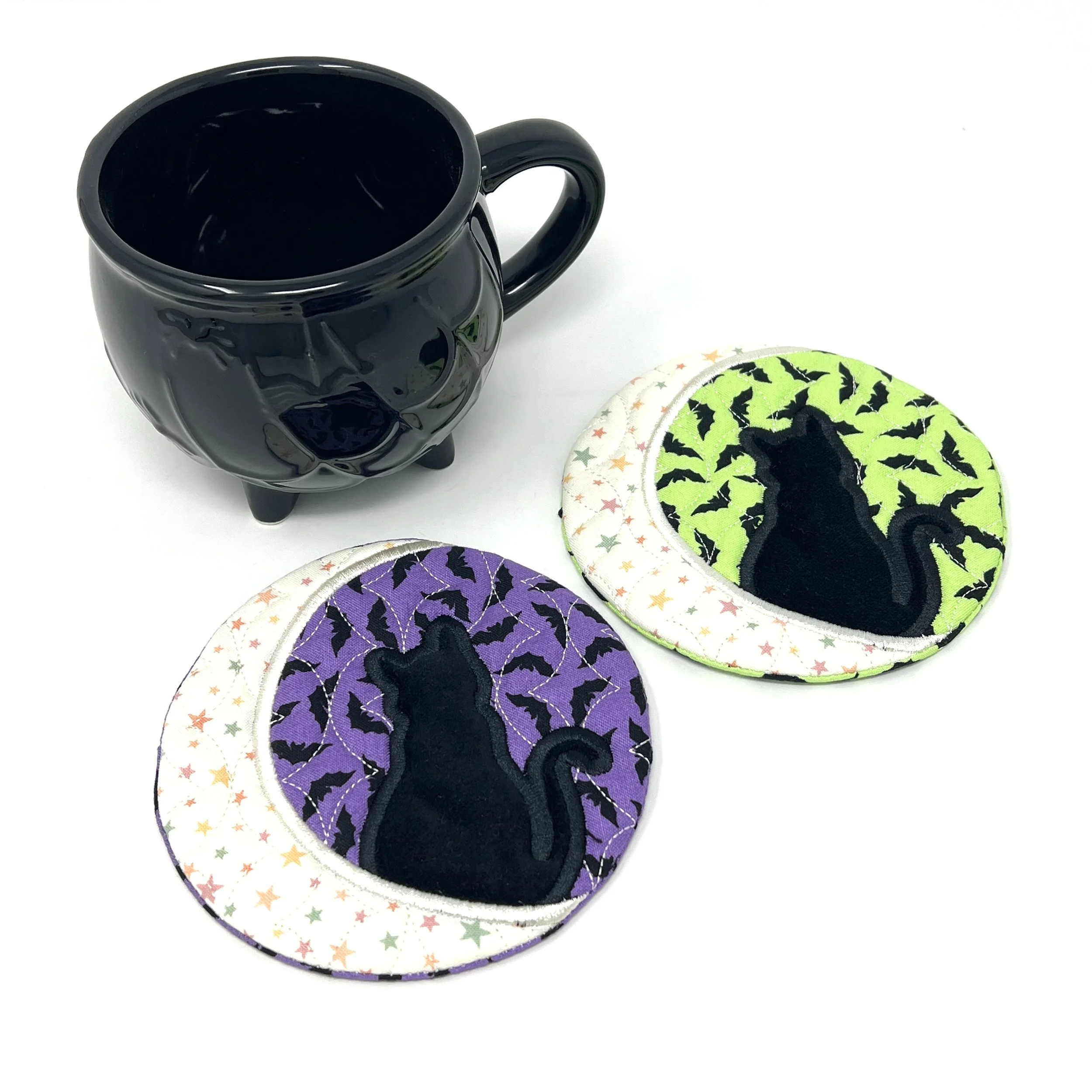 Silhouette Cat & Moon Machine Embroidered Round Coaster