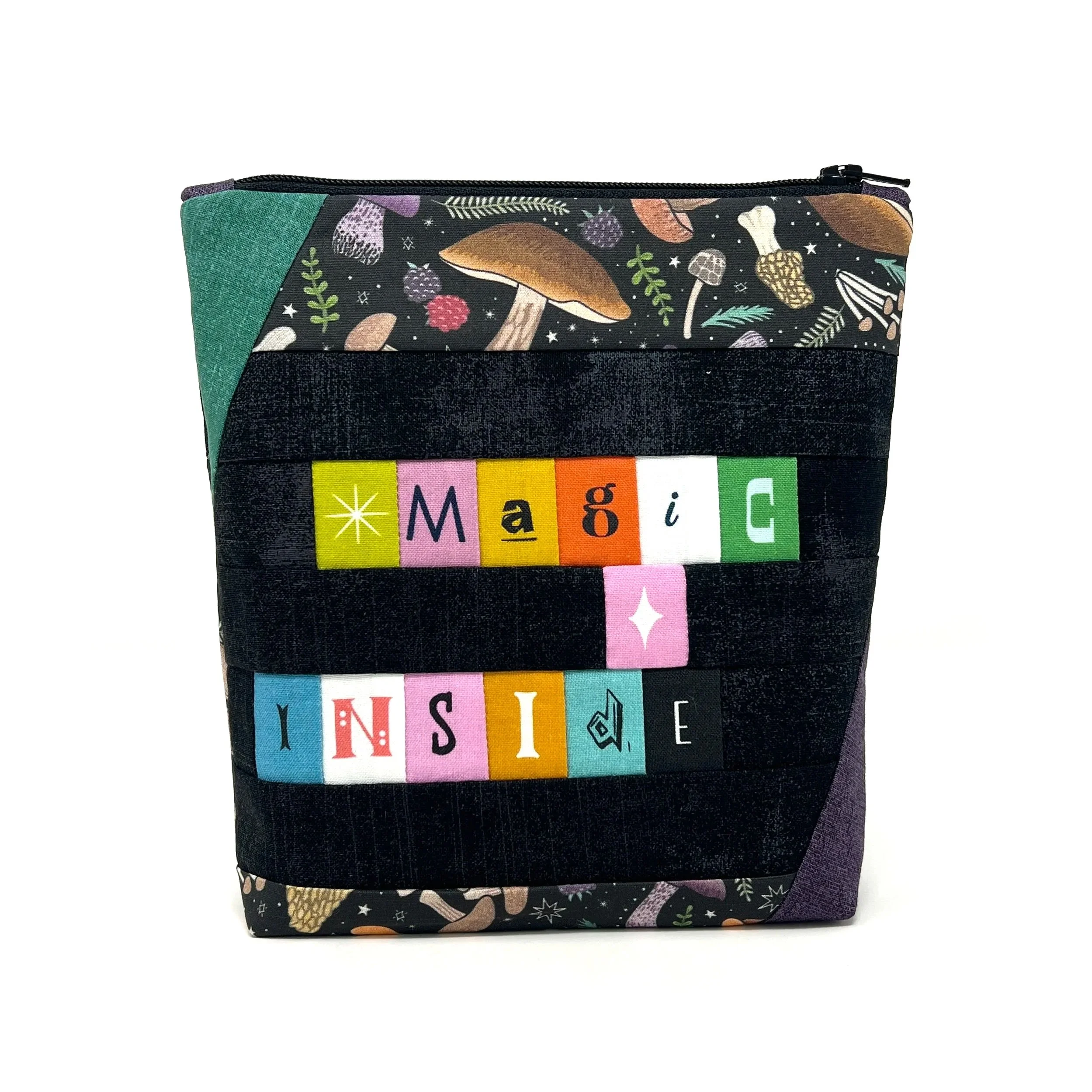 Patchwork Phrases- Upright Zipper Bag- One of a Kind- Magic Inside Mushrooms