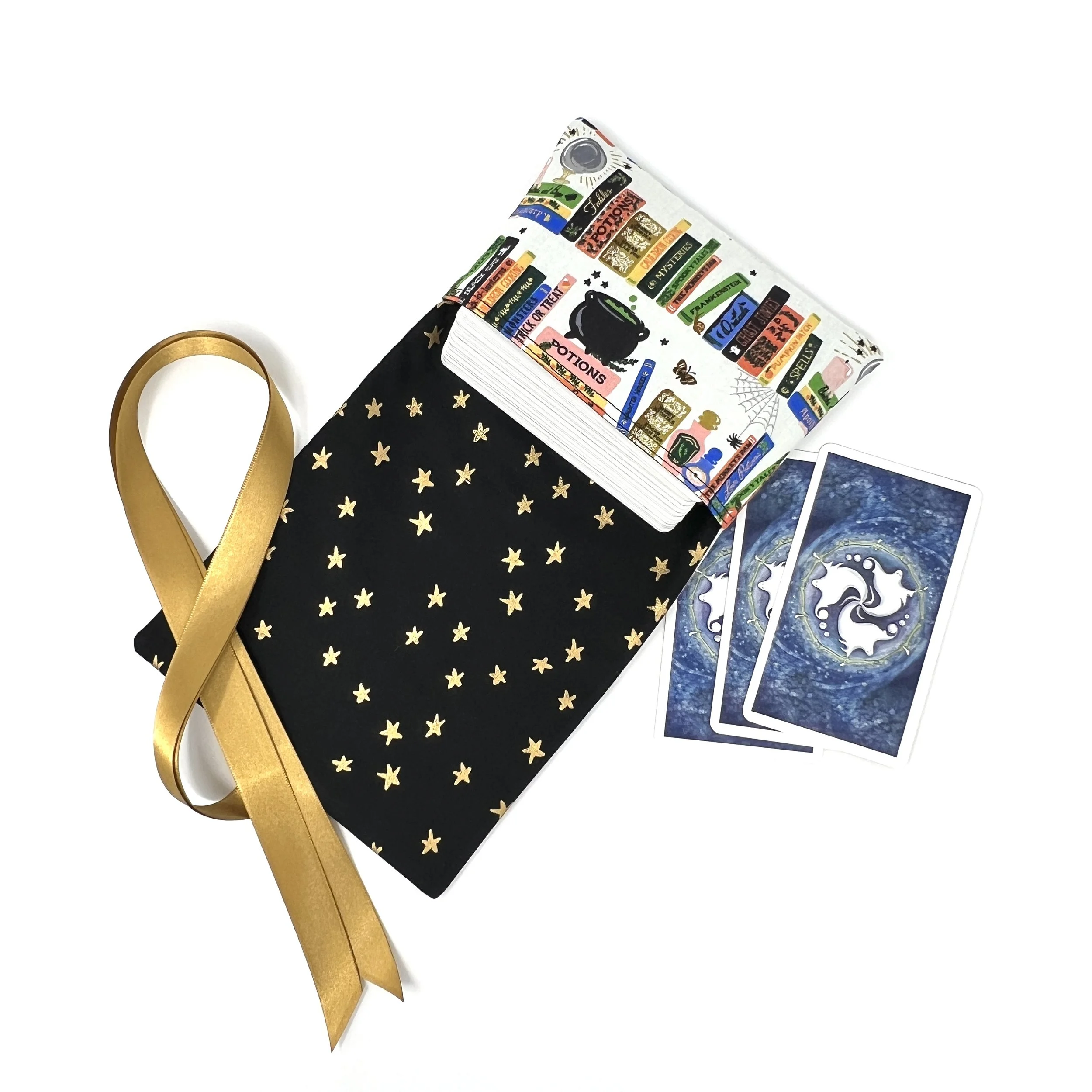 Reversible Ribbon Wrap Tarot Bag- Spellbound Bookshelves Collection- Standard or Indie