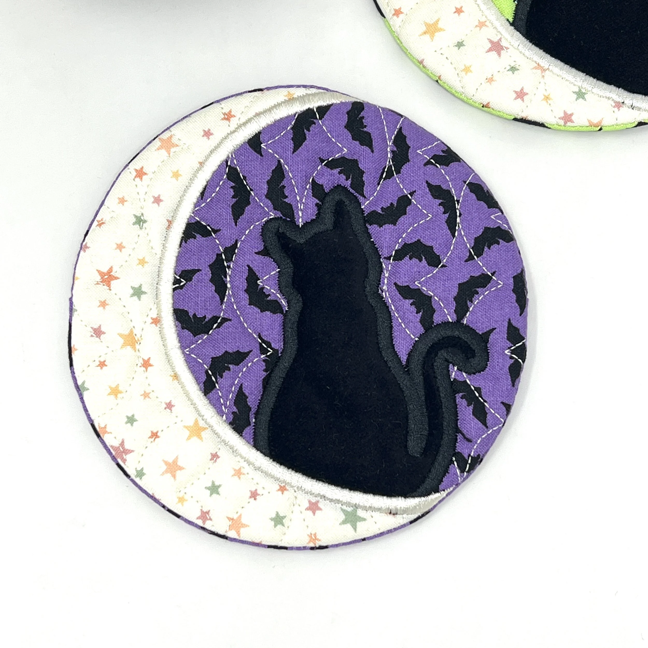 Silhouette Cat & Moon Machine Embroidered Round Coaster