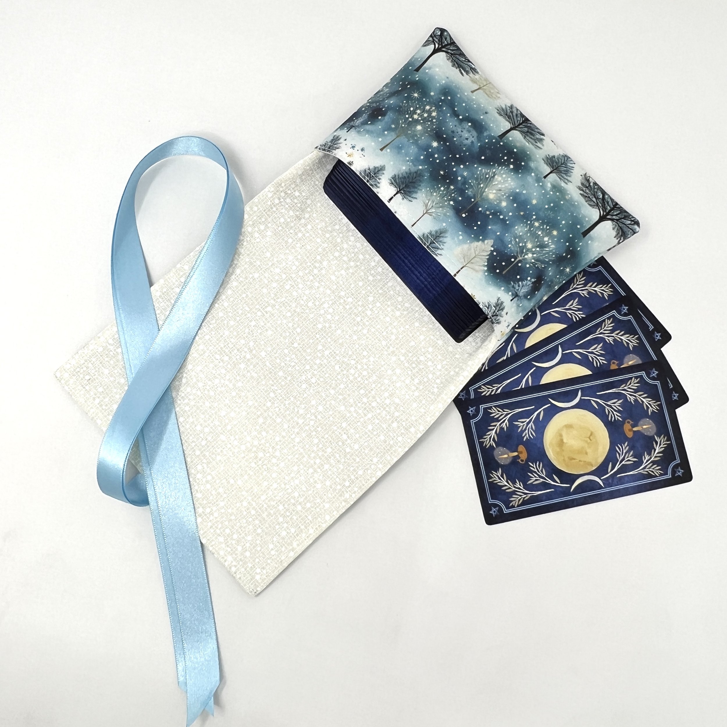 Reversible Indie Ribbon Wrap Tarot Bag- Blue Watercolor Forest Collection
