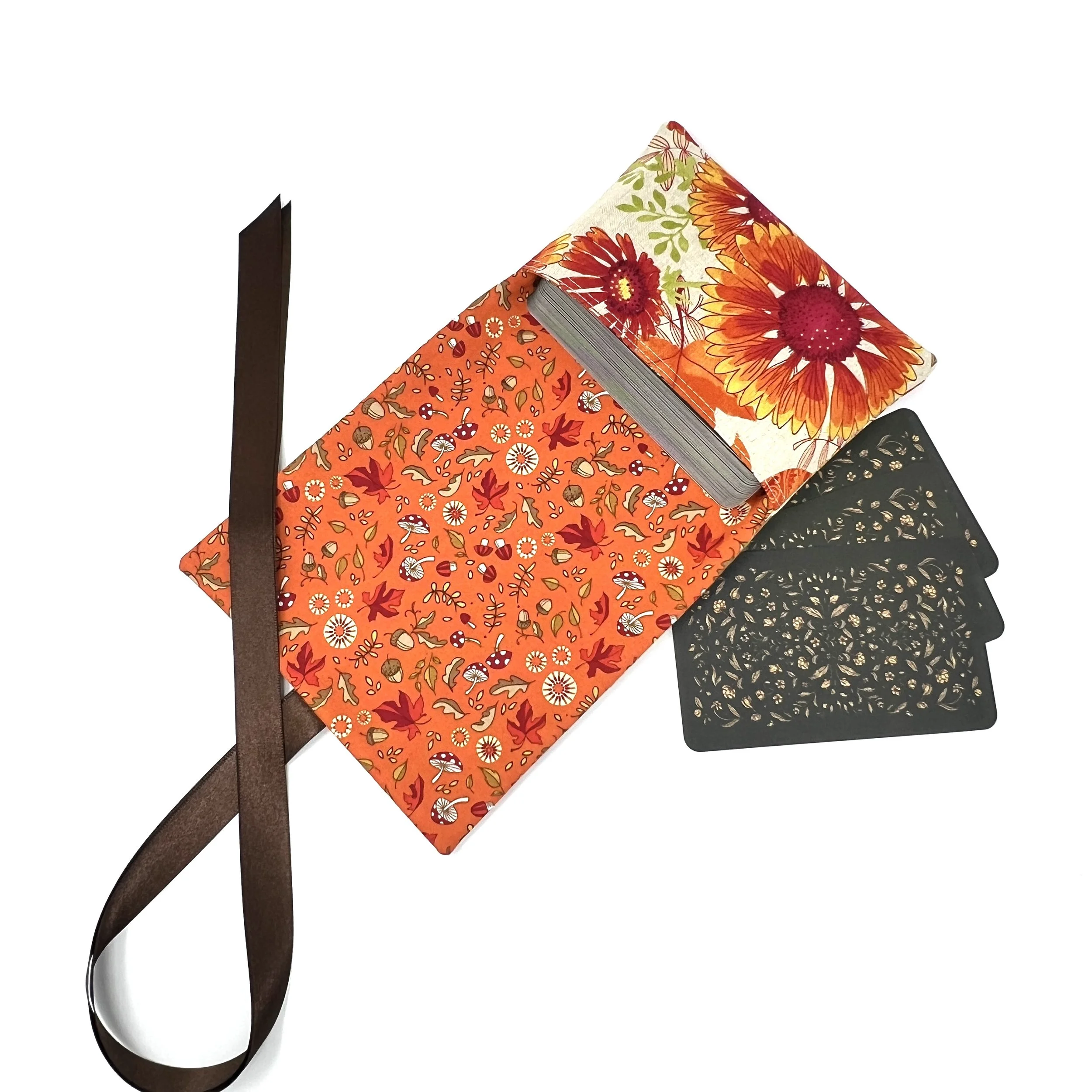 Reversible Standard Ribbon Wrap Tarot Bag- Autumn Escape in Linen
