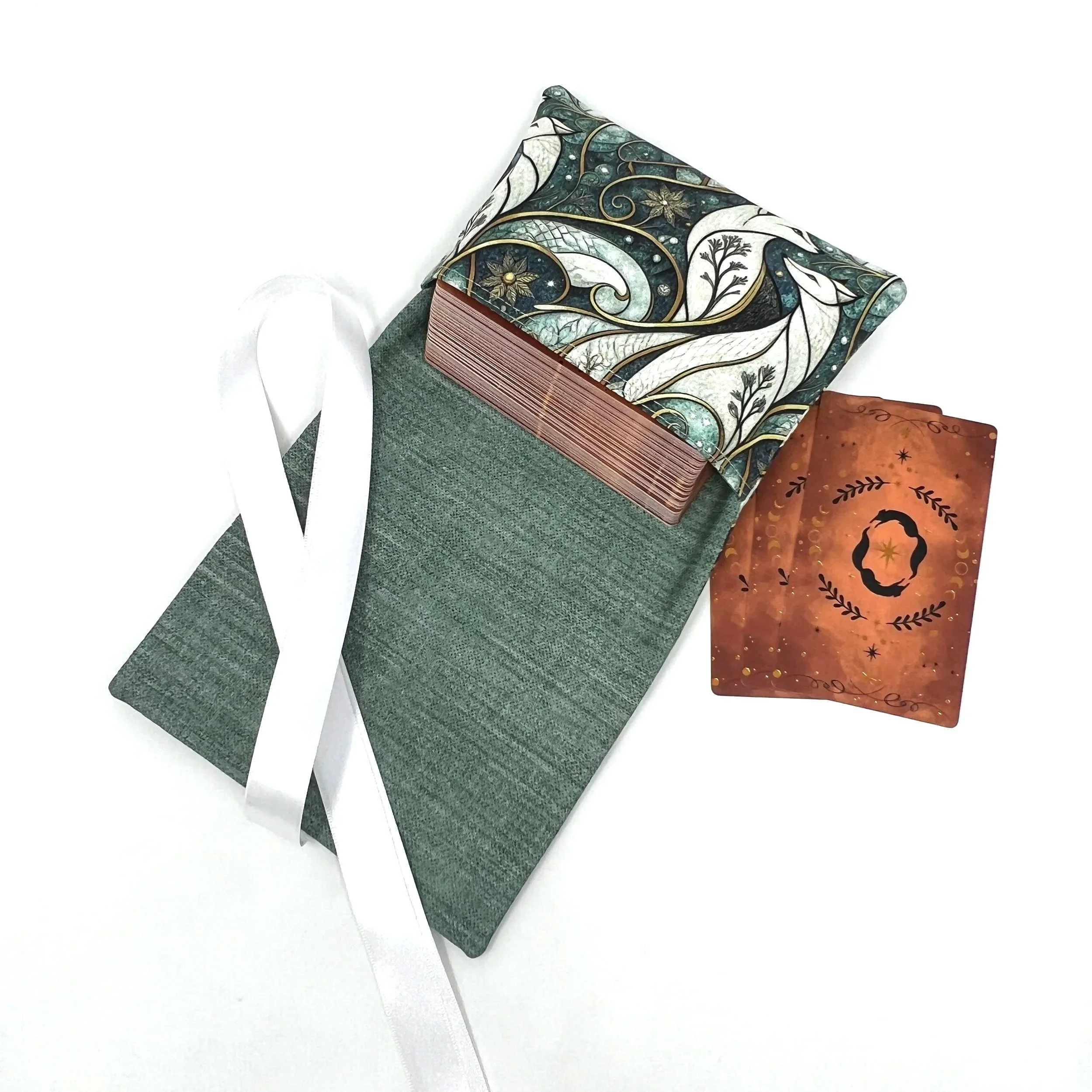 Reversible Indie Ribbon Wrap Tarot Bag- White Foxes