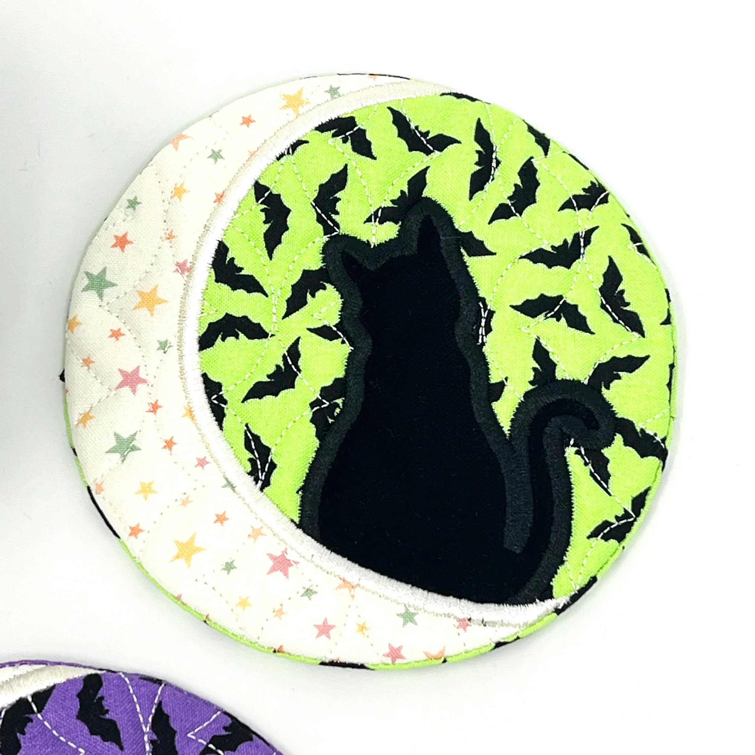 Silhouette Cat & Moon Machine Embroidered Round Coaster