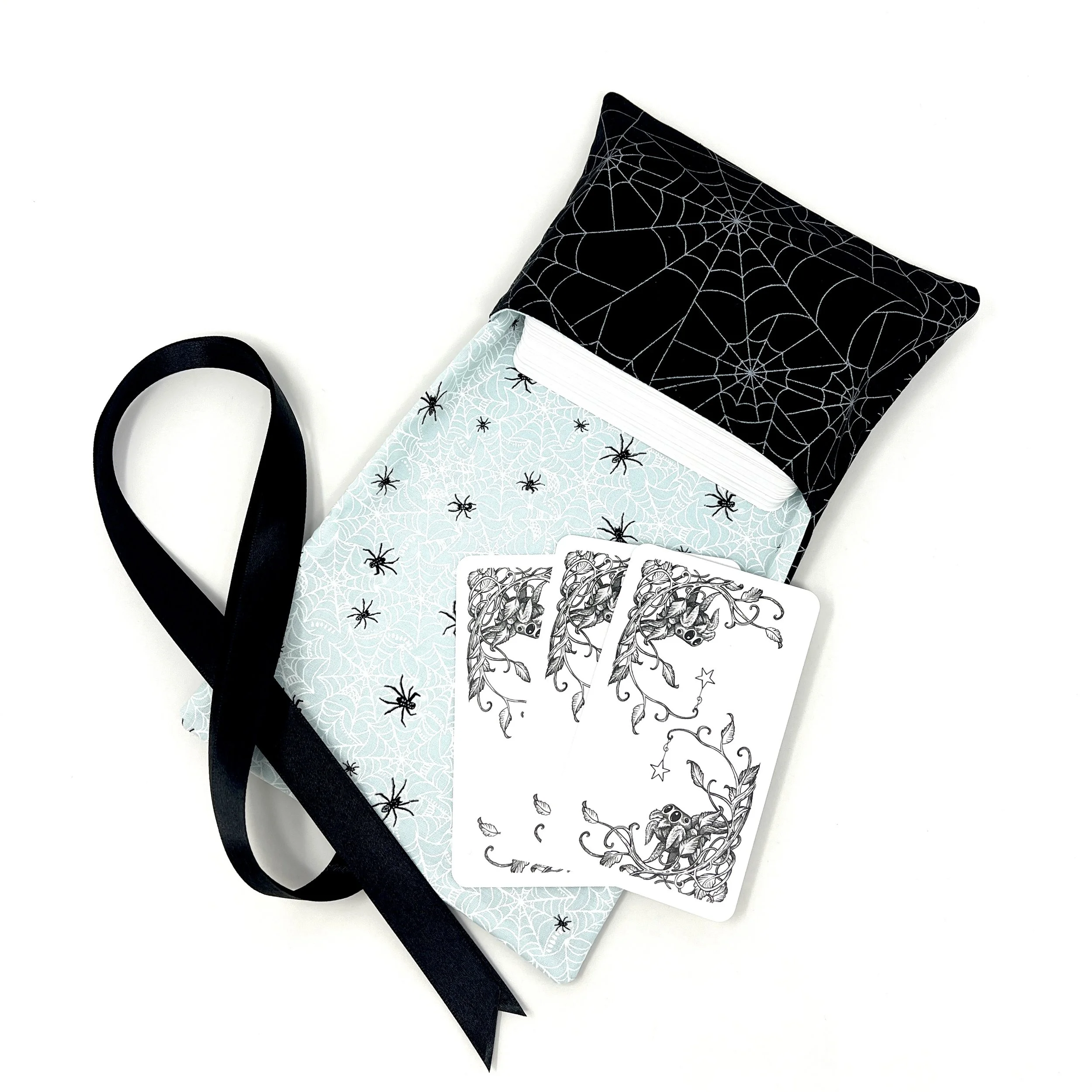 Reversible Ribbon Wrap Tarot Bag- Glow in the Dark Spiders- Indie & Standard