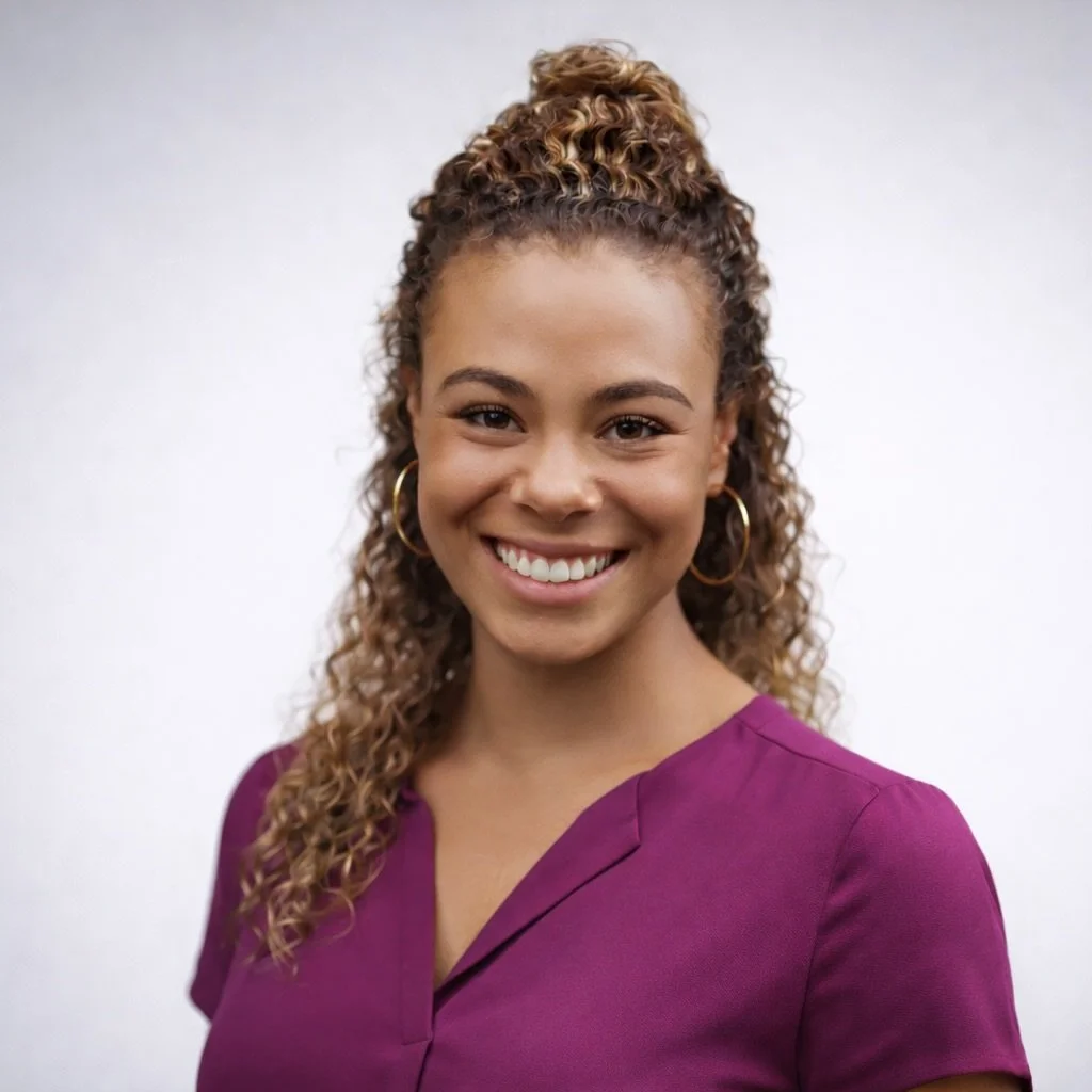 Woman in purple shirt smiles